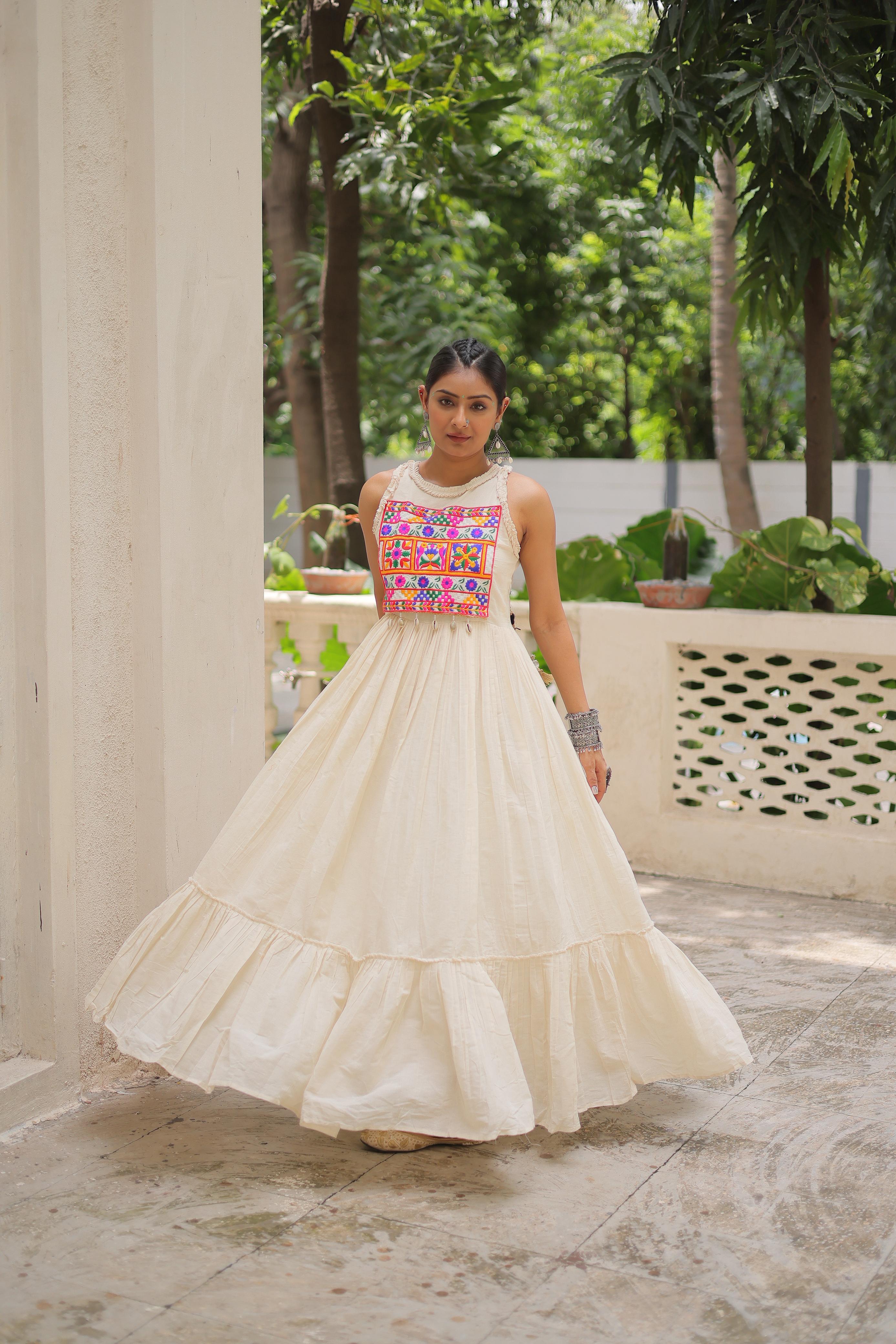 Amazing Off-White Cotton Embroidered Gown For Navratri