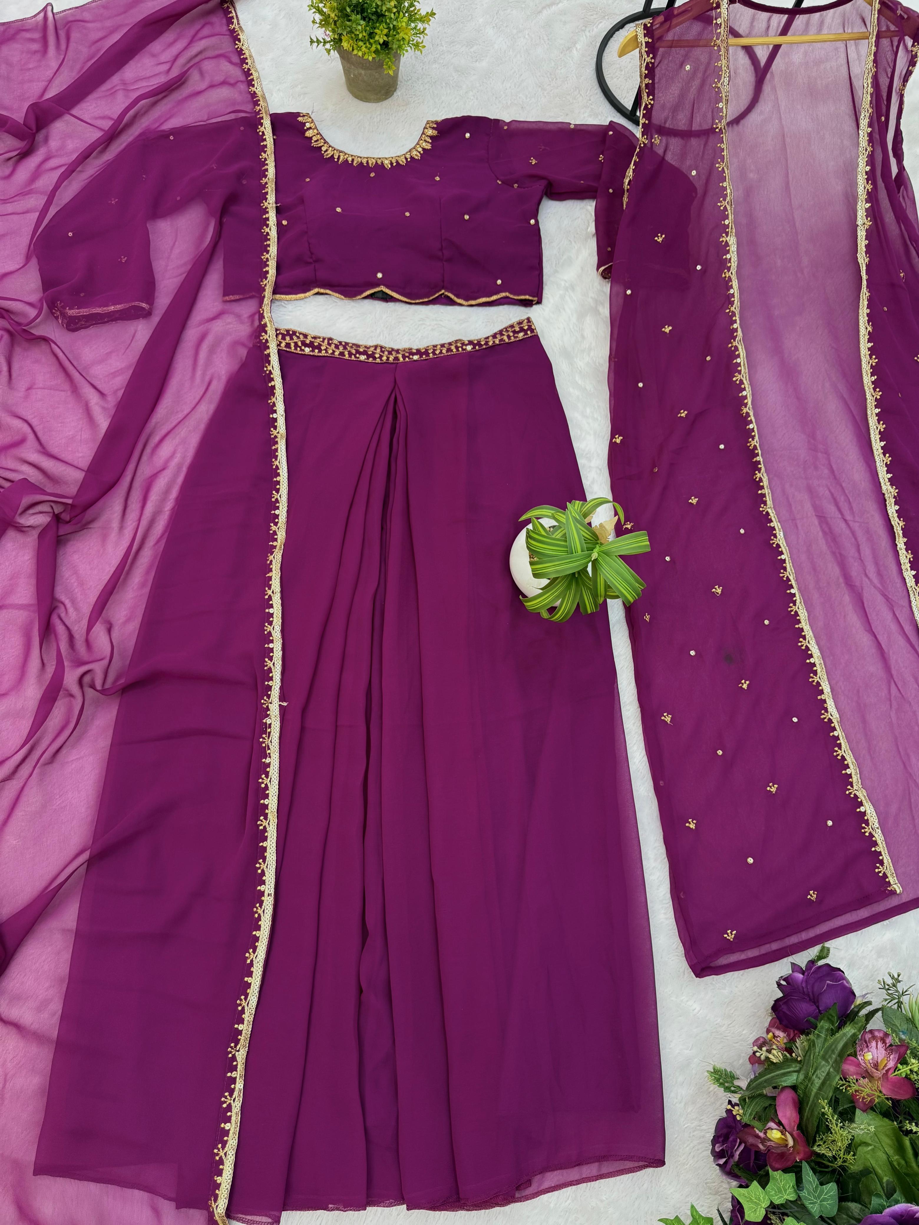 Glorious Purple Georgette Embroidery Koti With Lehenga Set