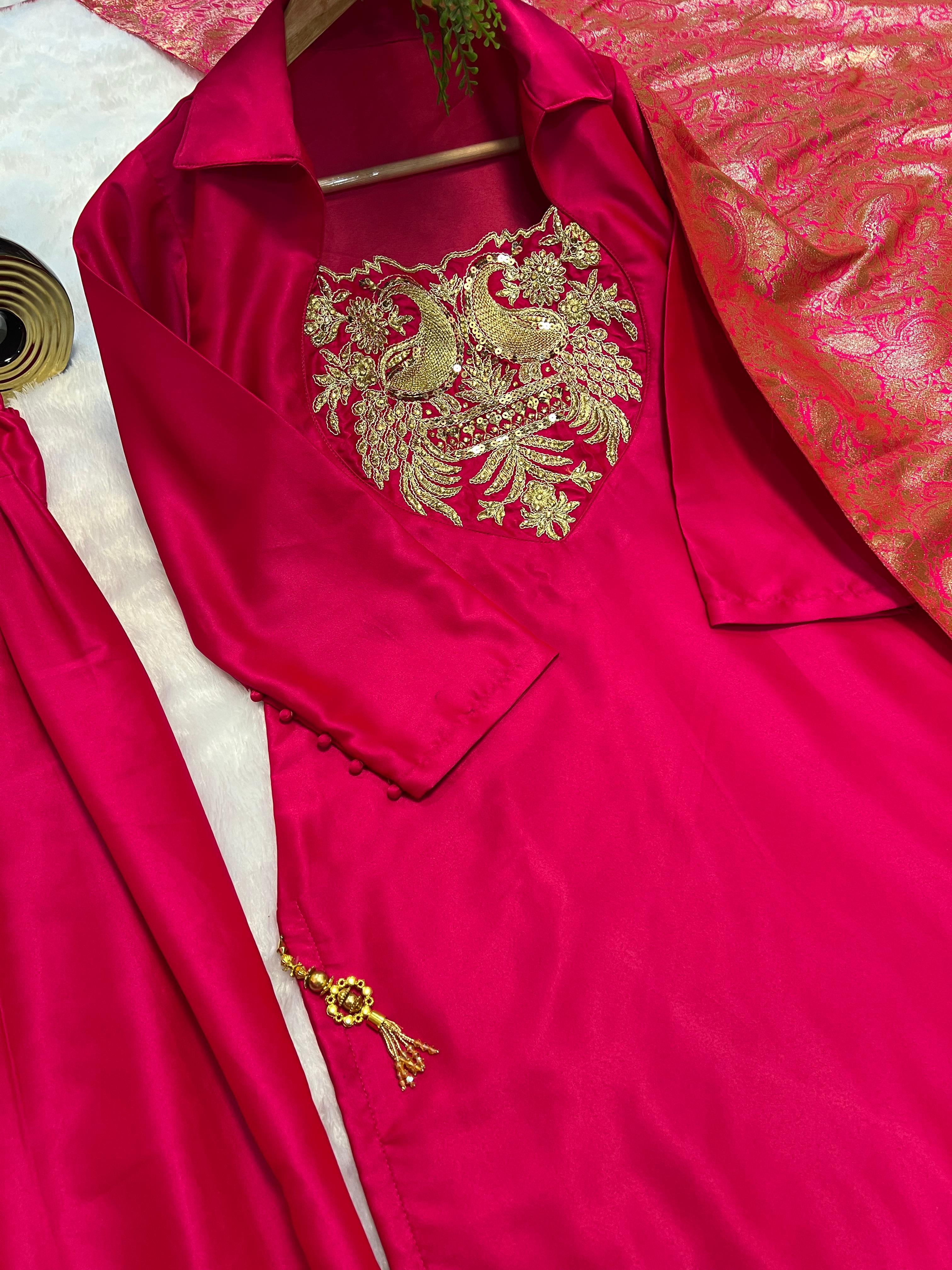 Ravishing Pink Satin Silk Embroidery Work Farshi Salwar Suit