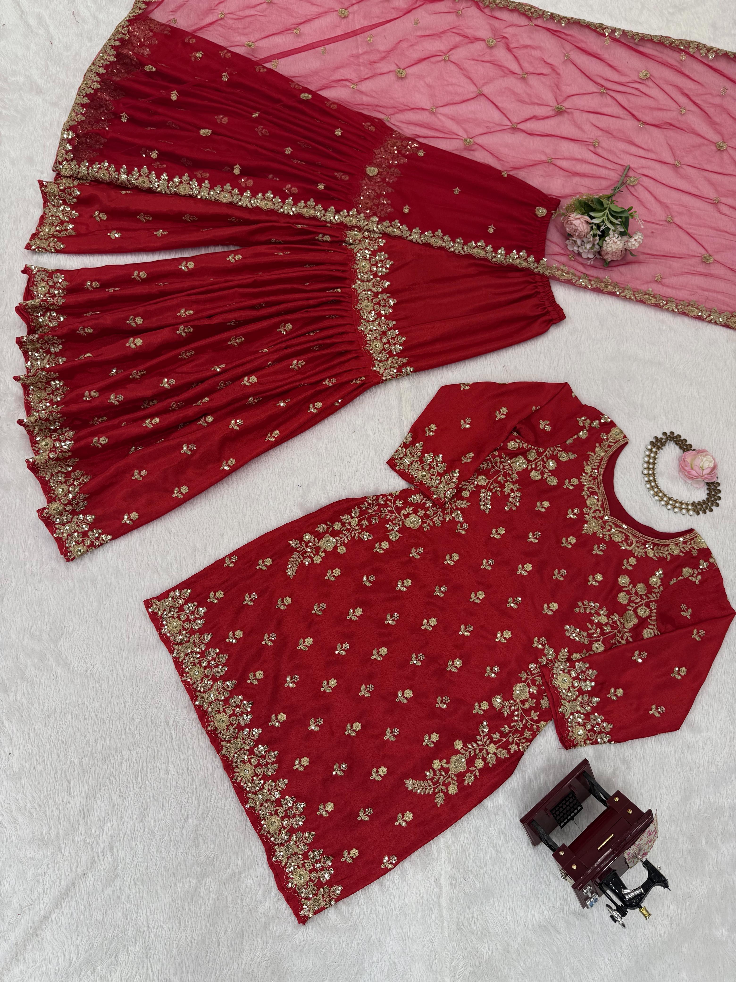 Lovely Red Chinon Silk Sequence Work Sharara Suit
