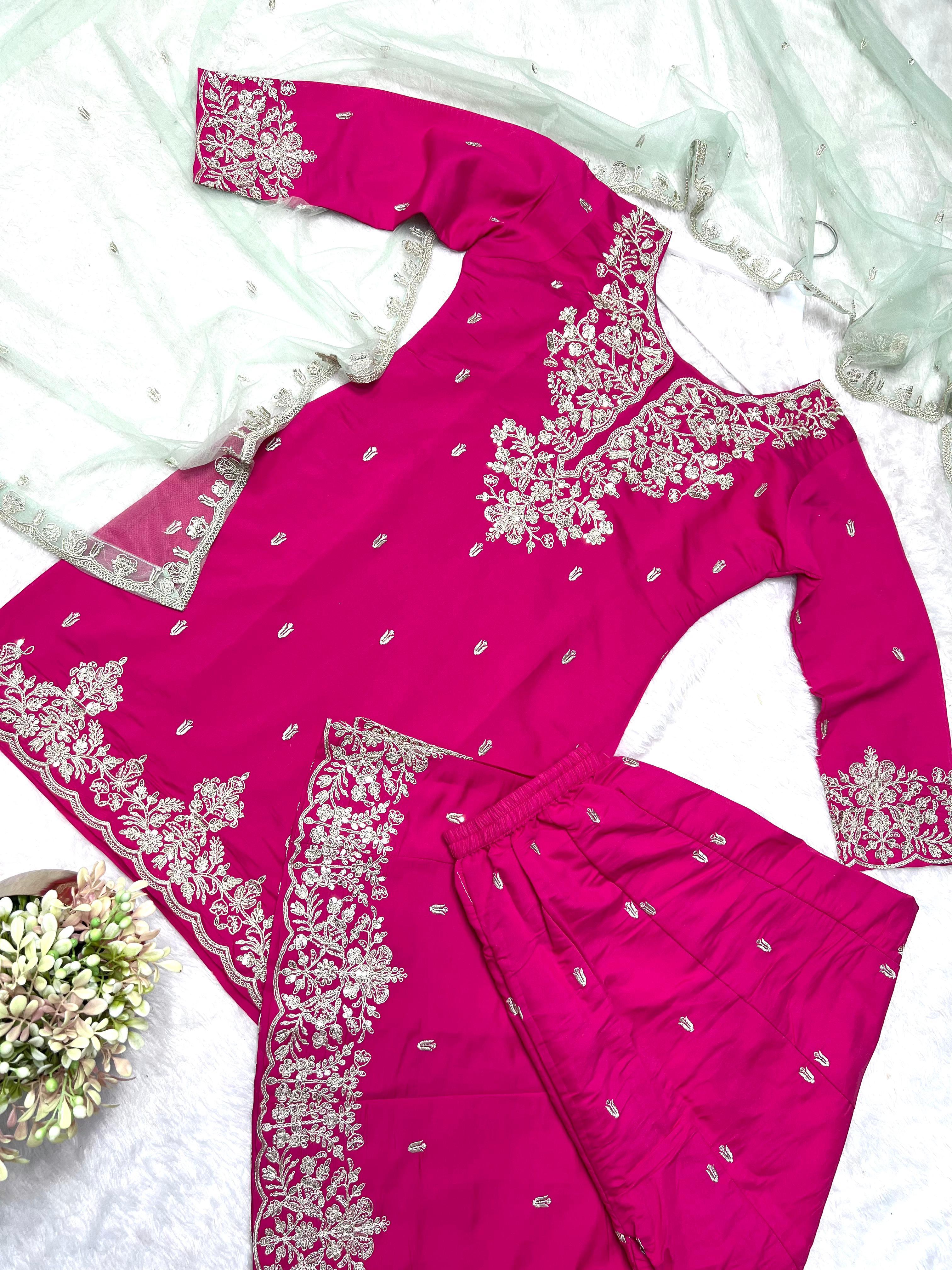 Gorgeous Pink Silk With Sequence Work Palazzo Suit