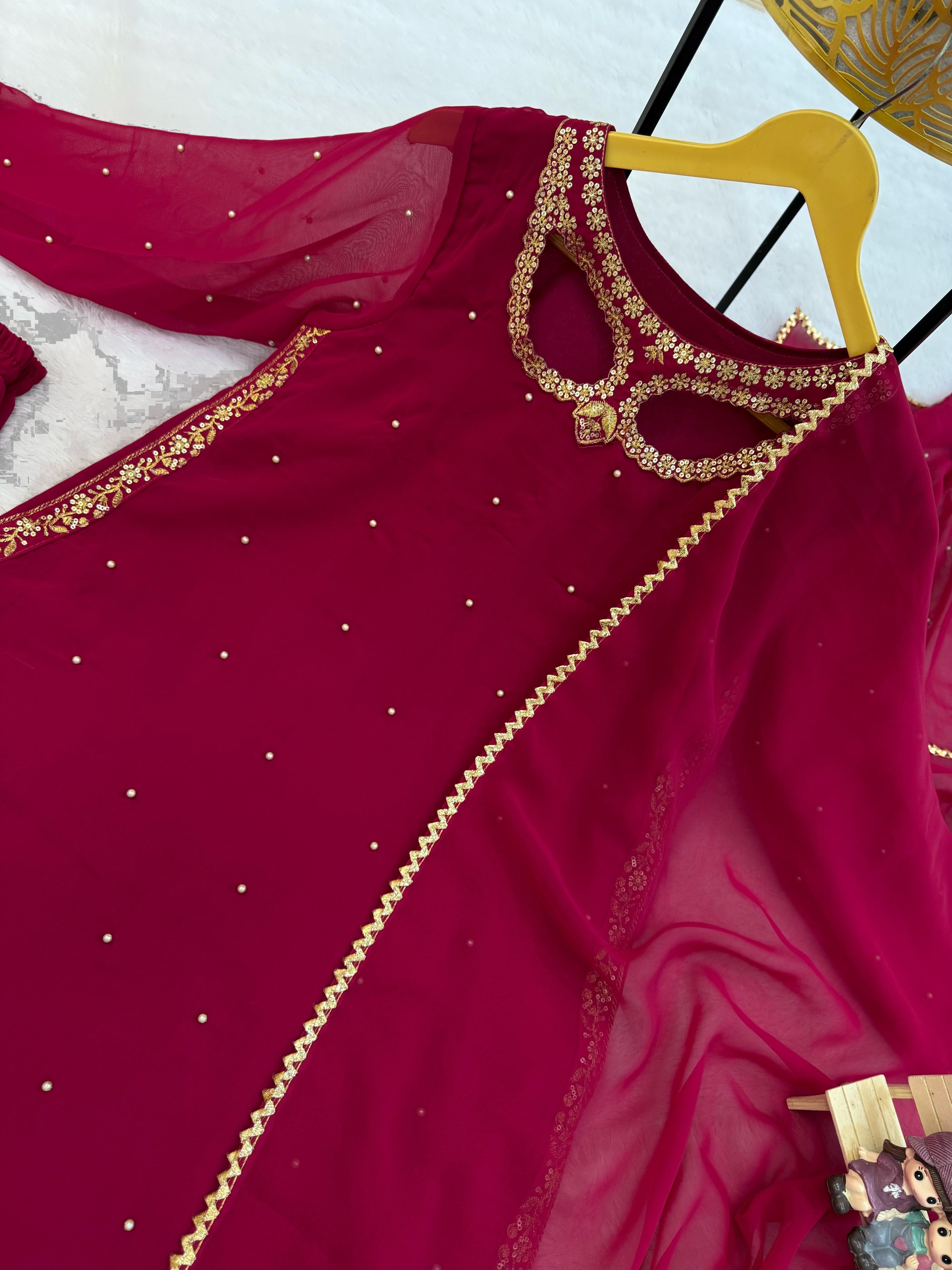 Attractive Maroon Georgette Embroidery Work Palazzo Suit