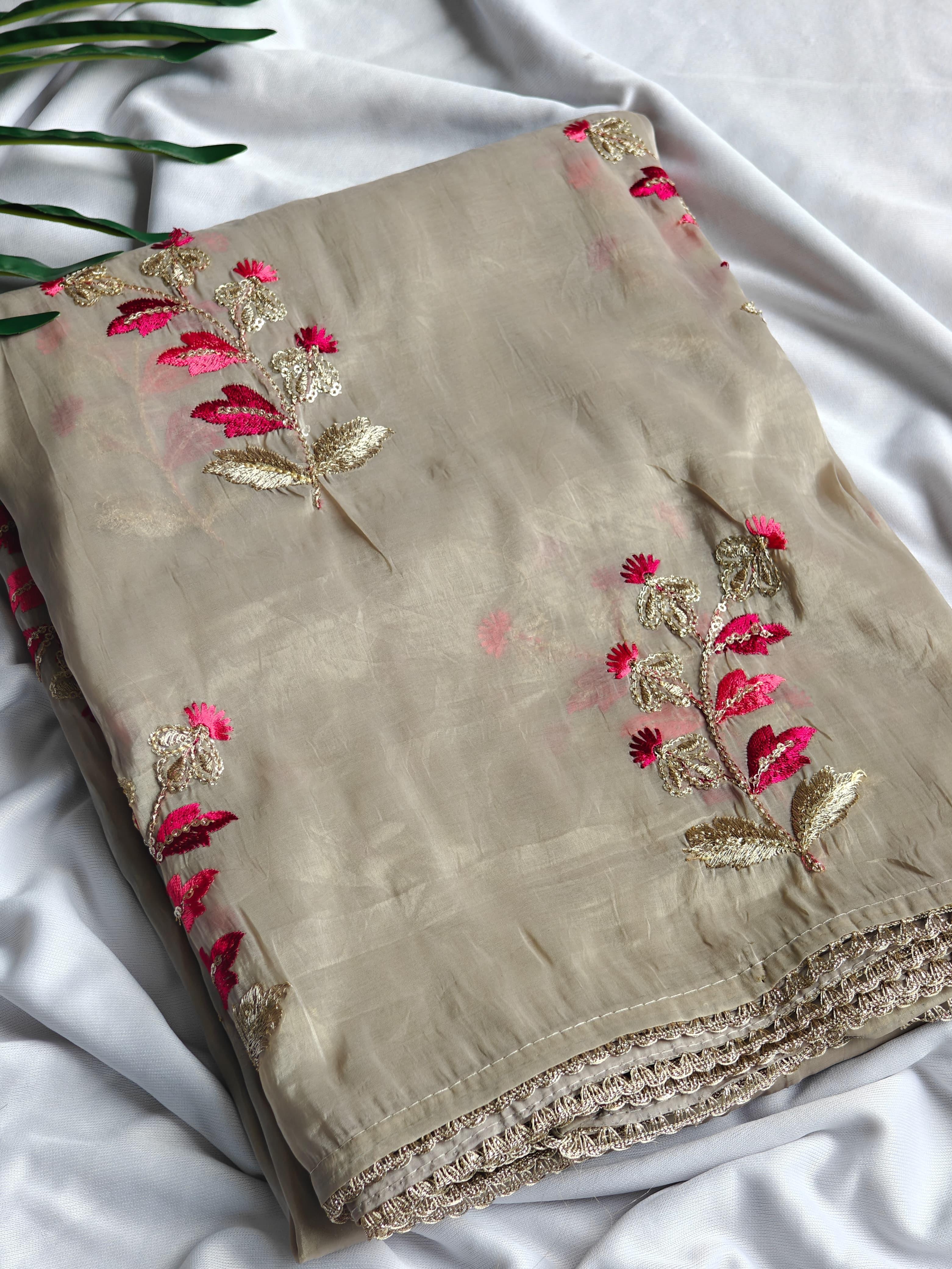 Pretty Beige Color Embroidery Work Silk Saree