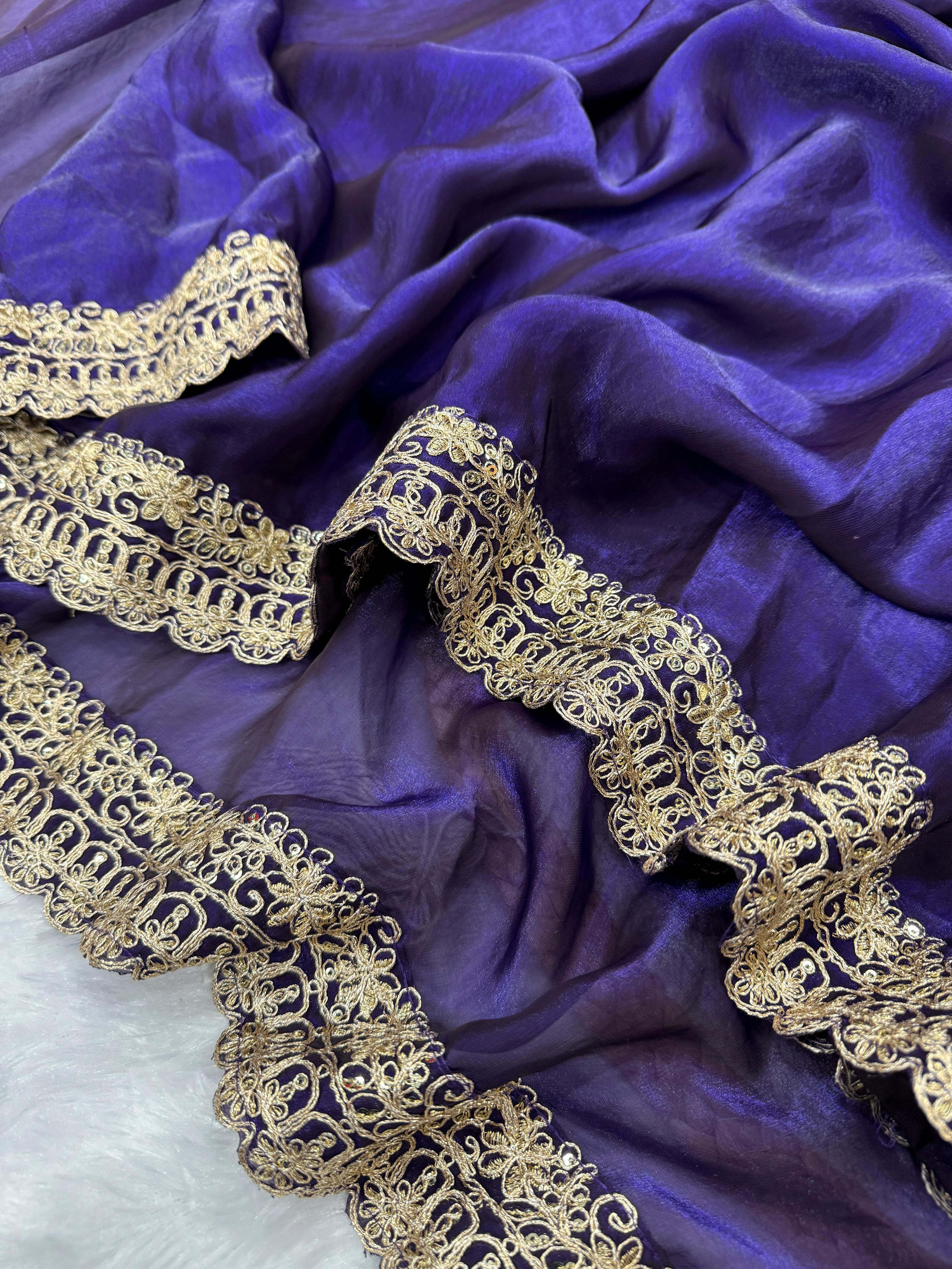 Amazing Purple Embroidery Work Silk Saree