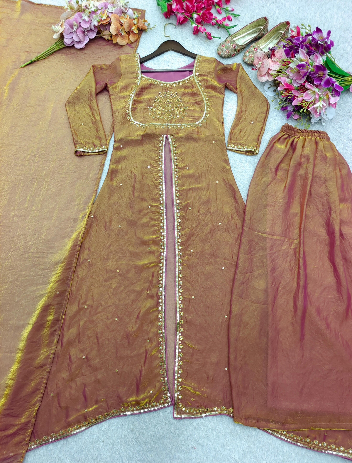 Lovely Brown Color Embroidery Work Sharara Suit
