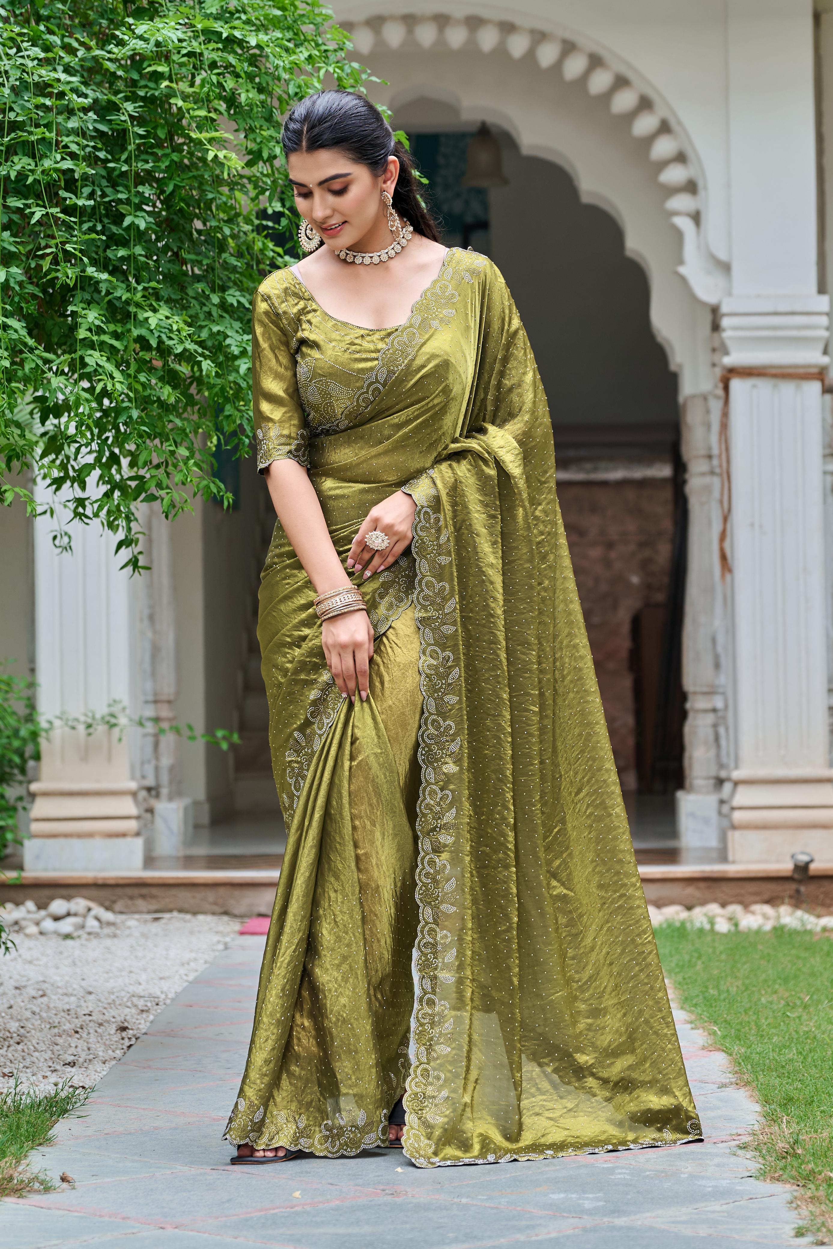 Trendy Red Diamond Work Silk Saree
