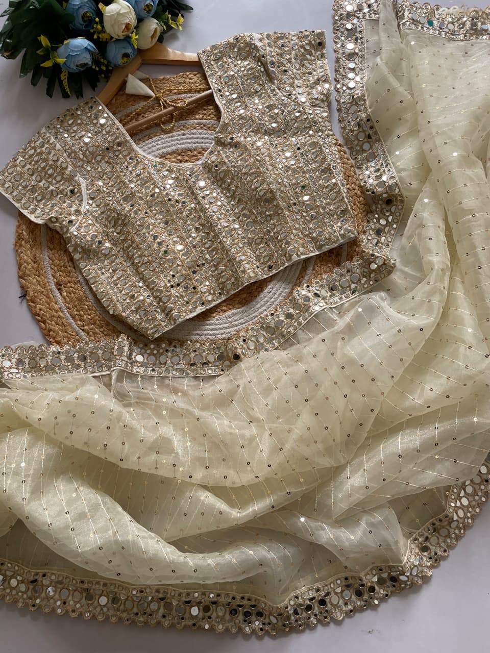 Exclusive Cream Organza Mirror Work Saree