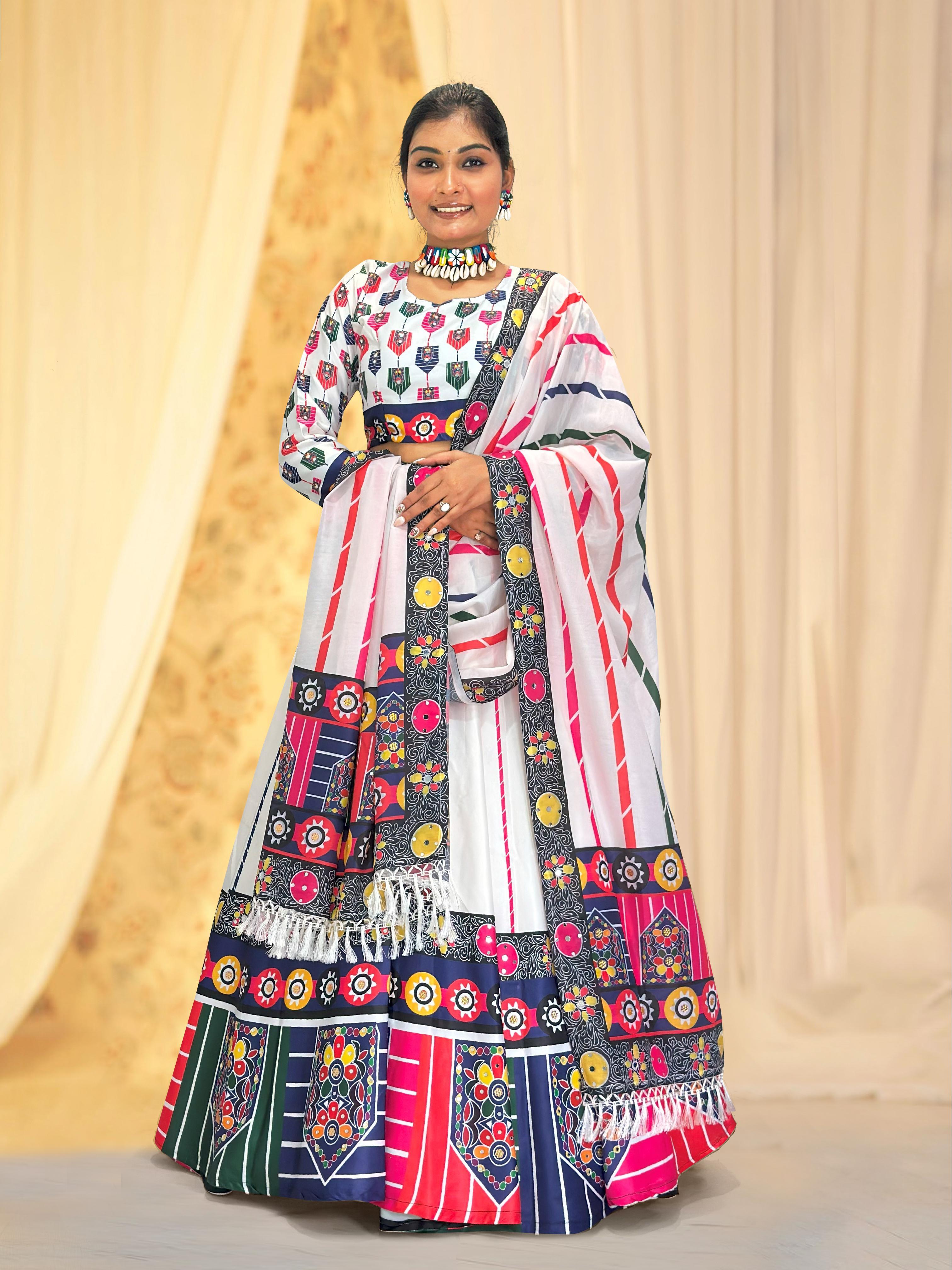 Lovely White Satin Digital Print Lehenga Choli