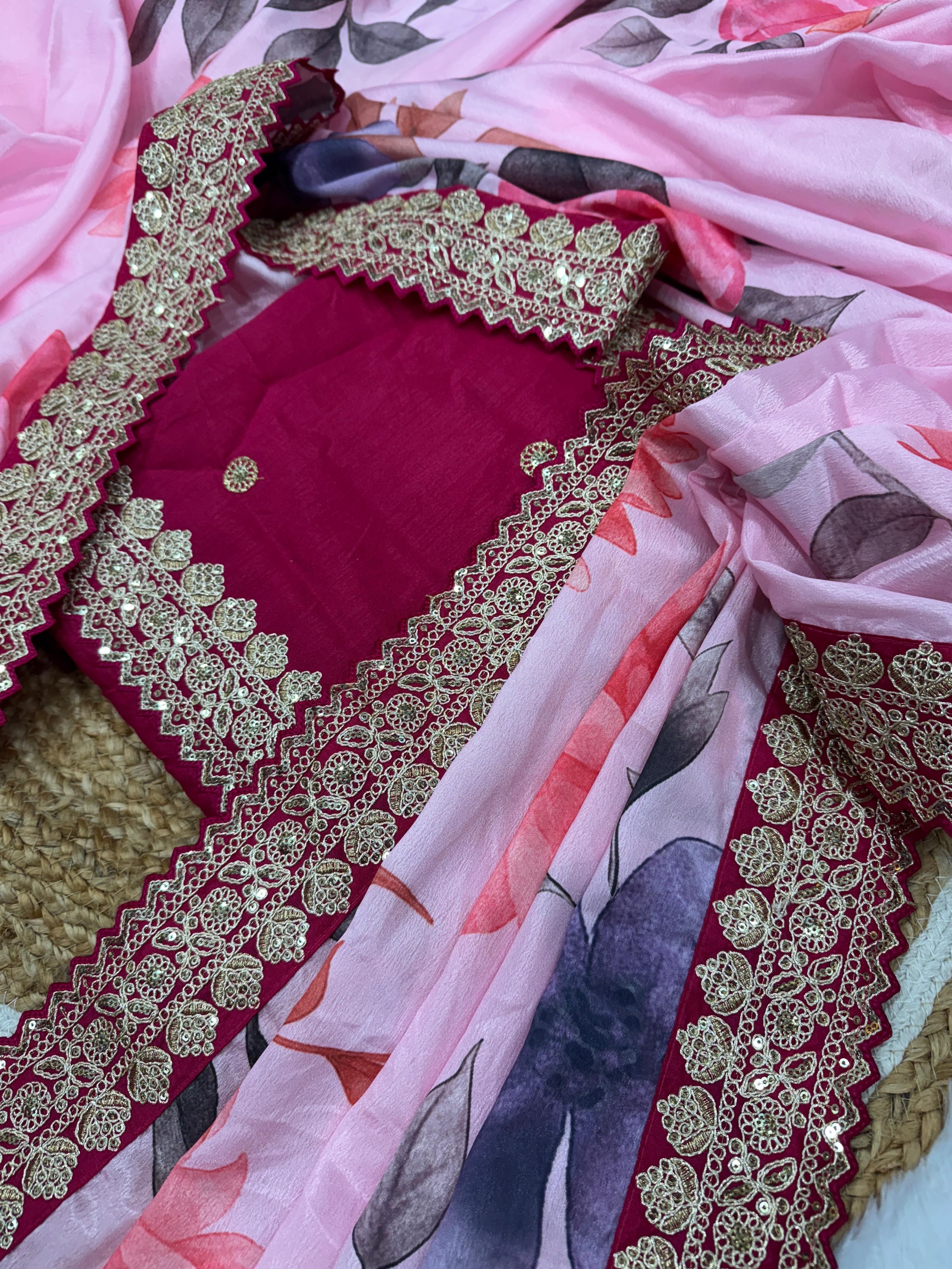 Gorgeous Pink Color Flower Printed Silk Saree