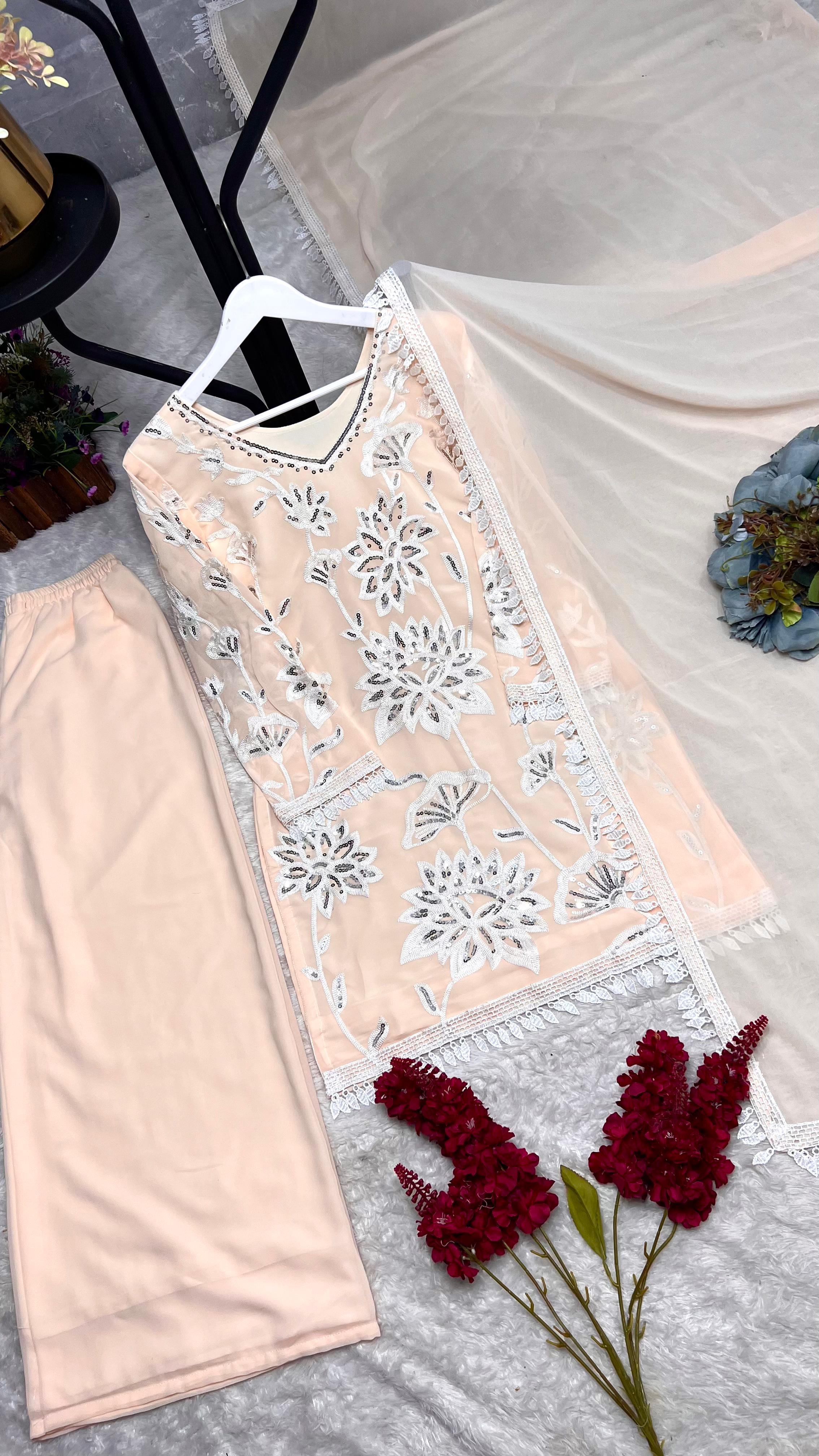 Trendy Sky Blue Georgette Embroidery Palazzo Suit