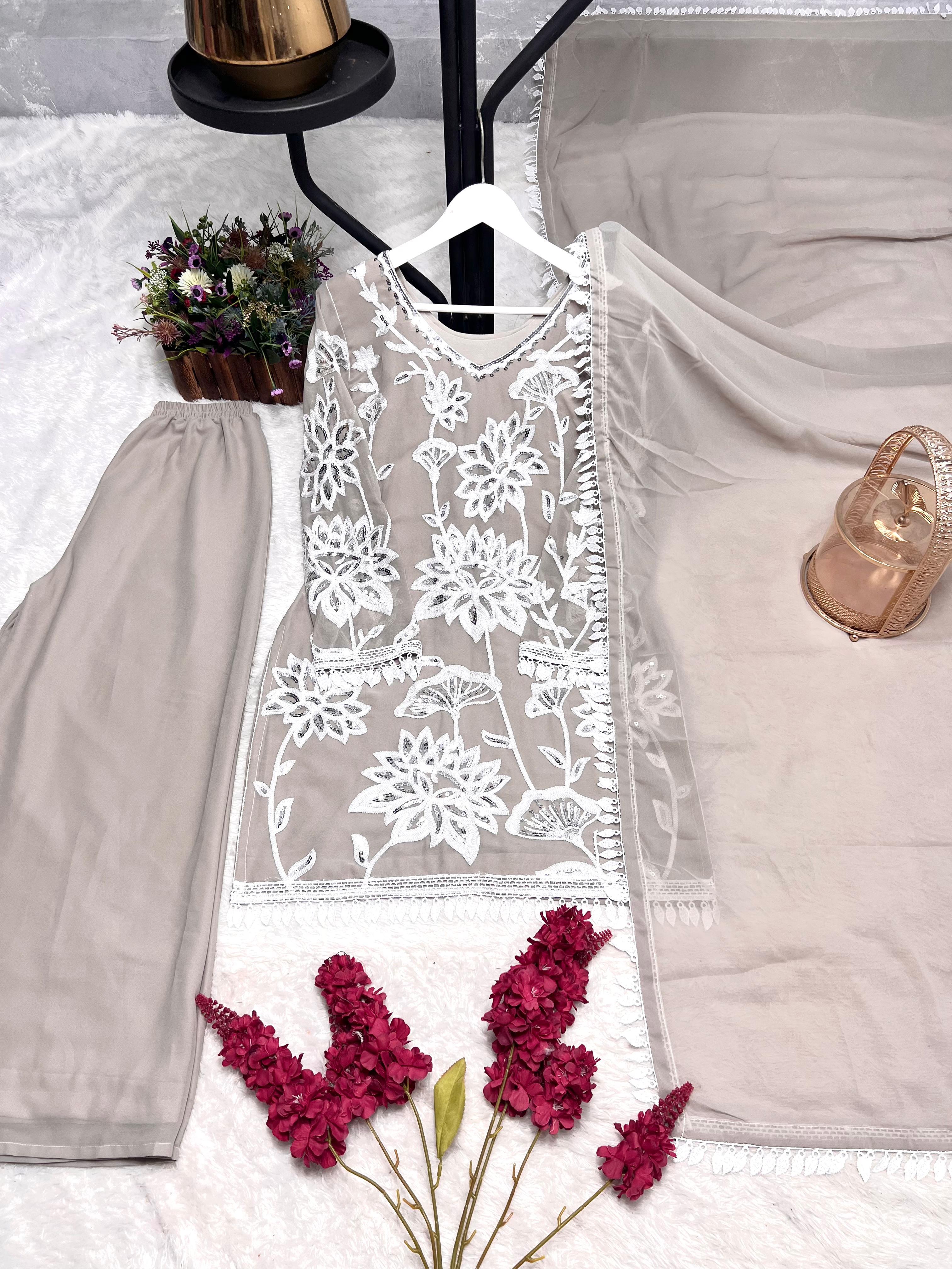 Trendy Sky Blue Georgette Embroidery Palazzo Suit