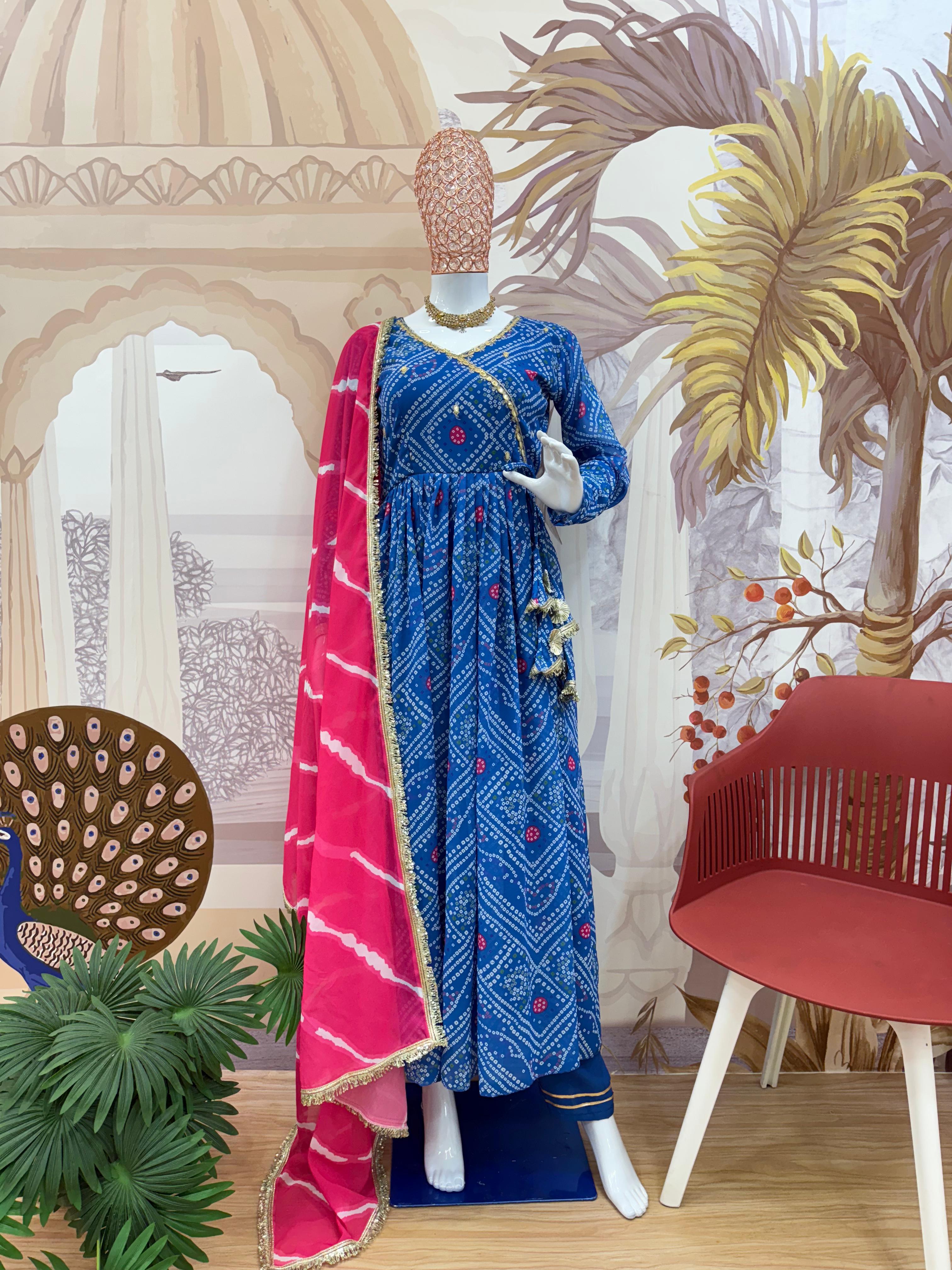Trendy Blue Georgette Embroidery Work Gown
