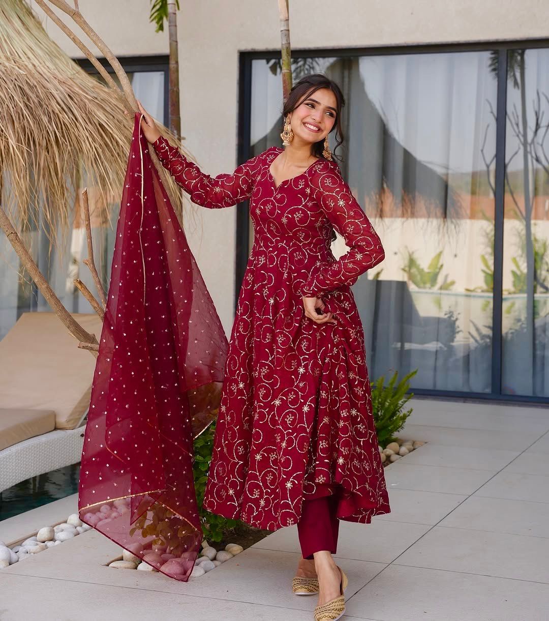 Ravishing Red Georgette Sequence Work Gown