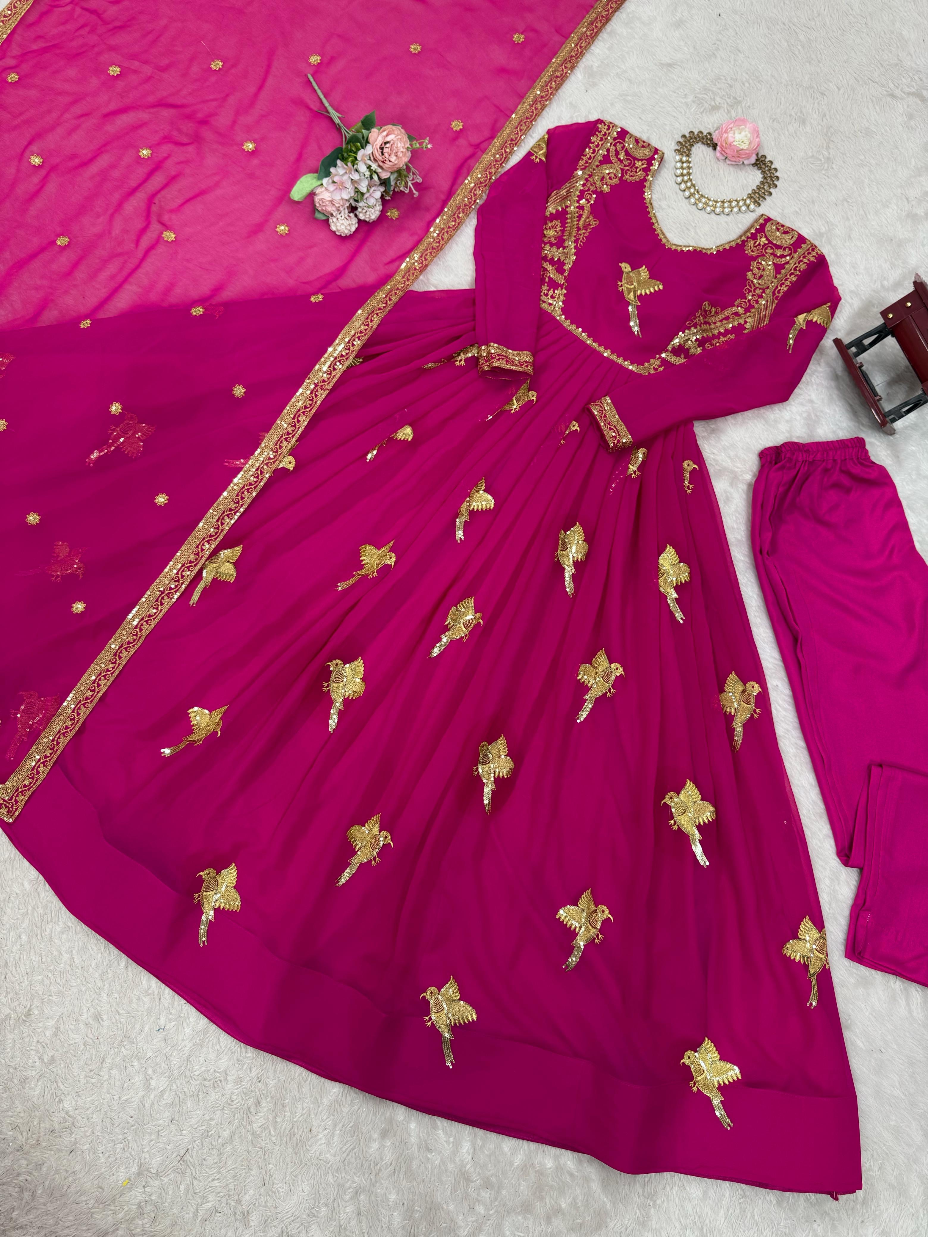 Glorious Pink Georgette Thread Work Gown