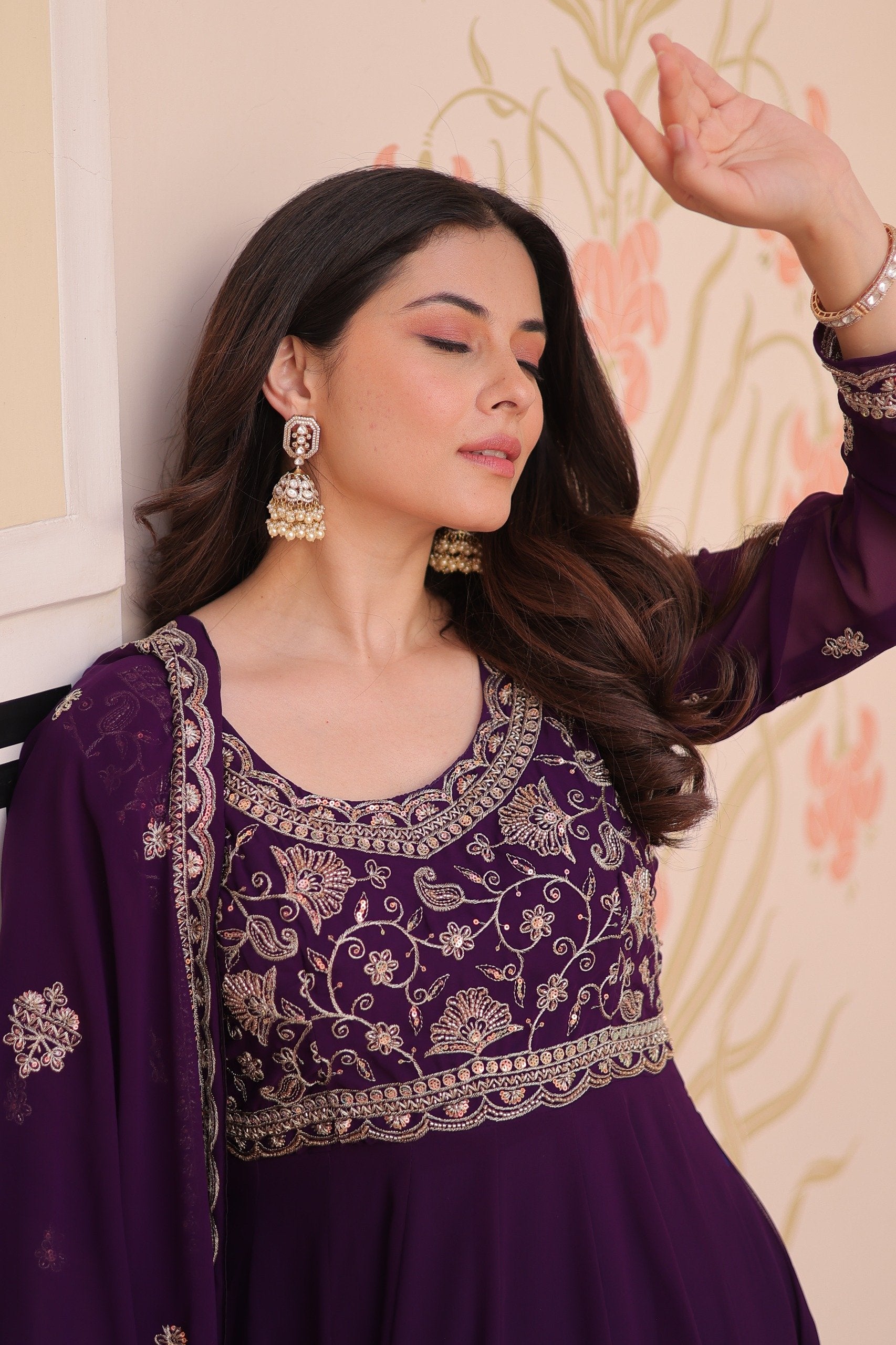 Awesome Red Color Beads With Embroidery Work Gown