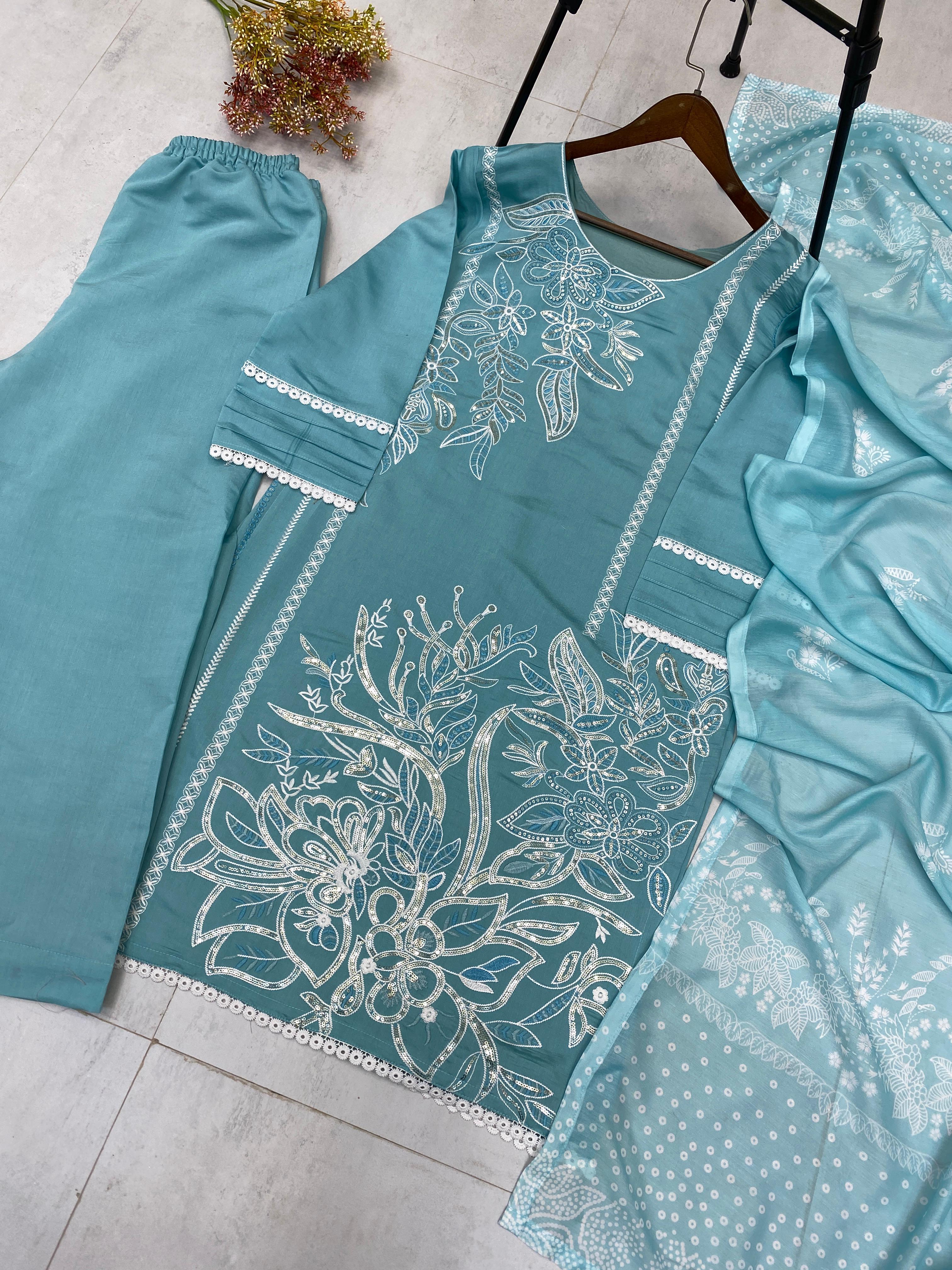 Ravishing Sky Blue Roman Silk Sequence Work Straight Salwar Suit