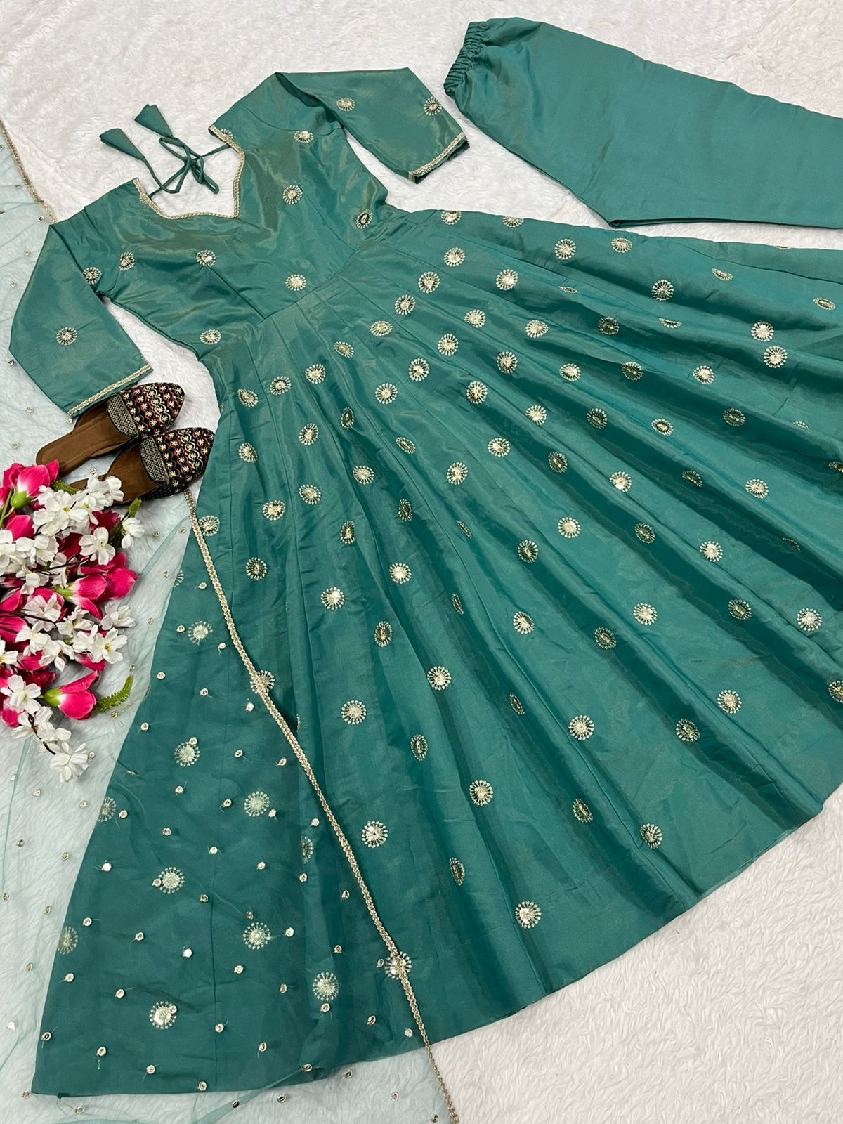 Fancy Green Simmer Silk Embroidery Anarkali Suit