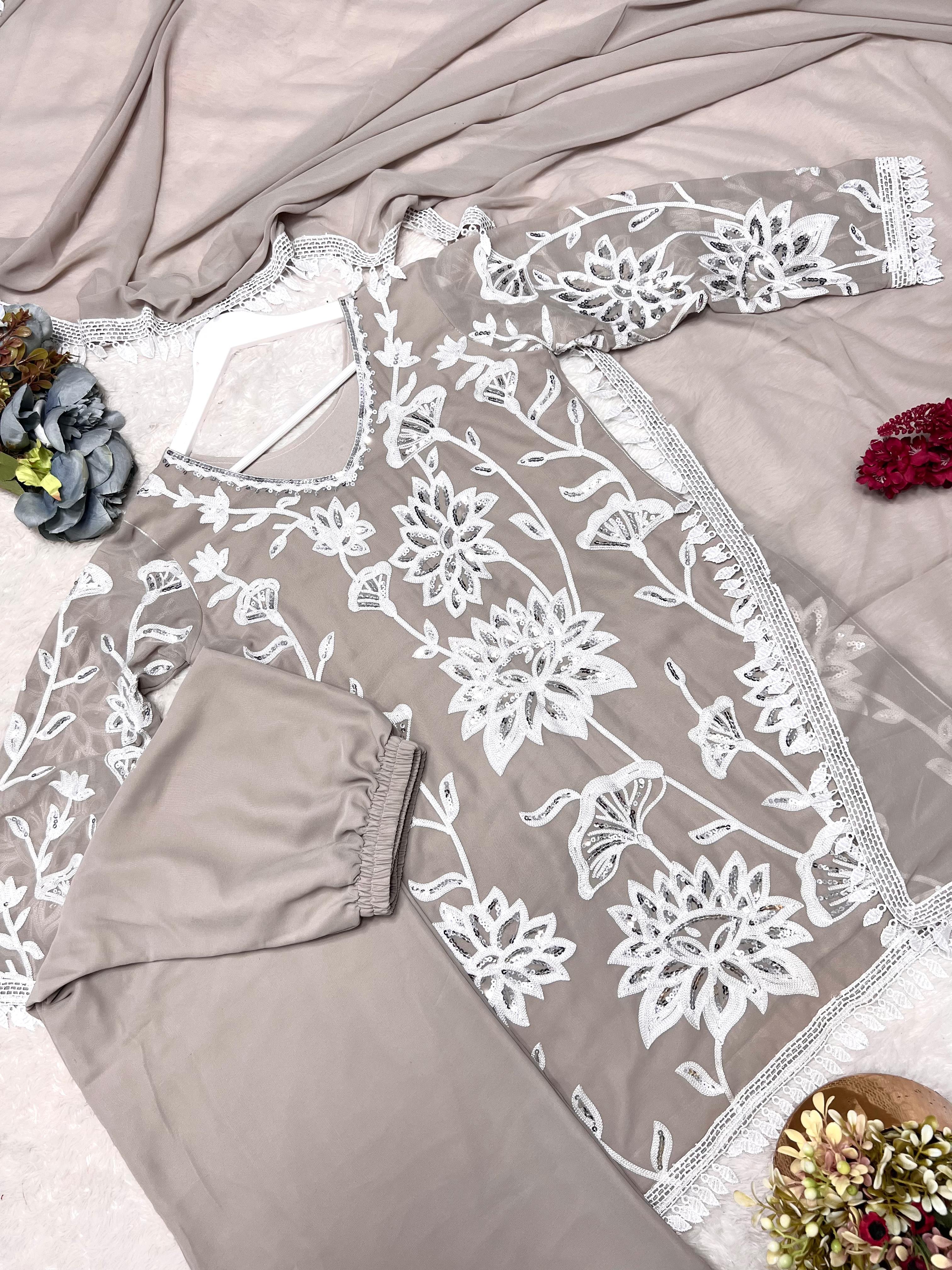 Trendy Sky Blue Georgette Embroidery Palazzo Suit