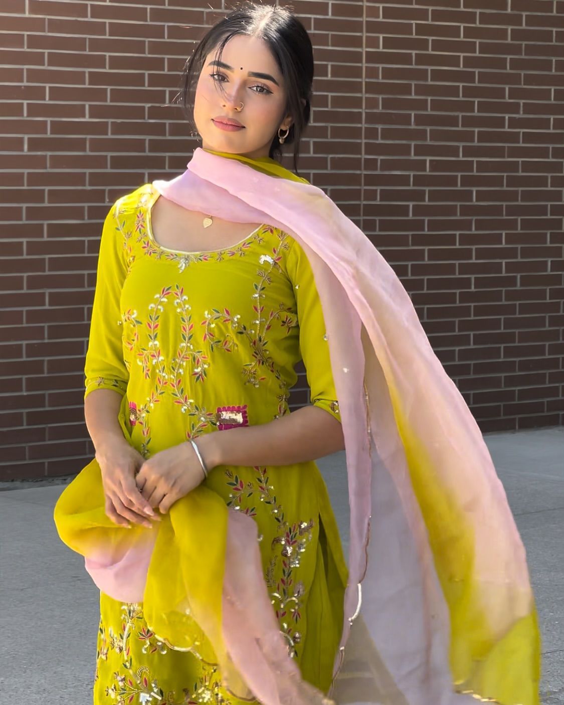 Graceful Lemon Color Sequence Work Georgette Sharara Suit