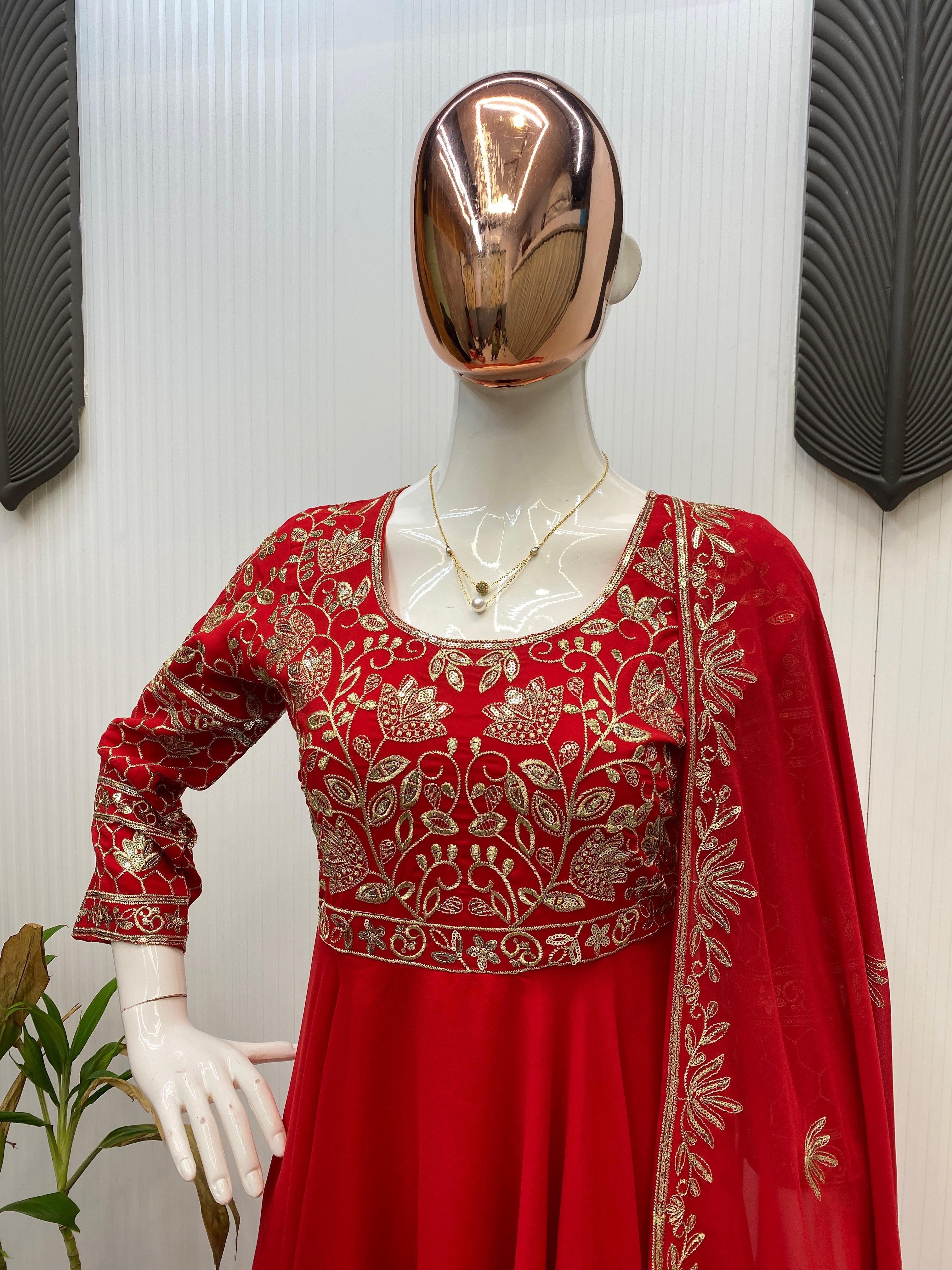 Amazing Red Georgette Sequence Work Gown