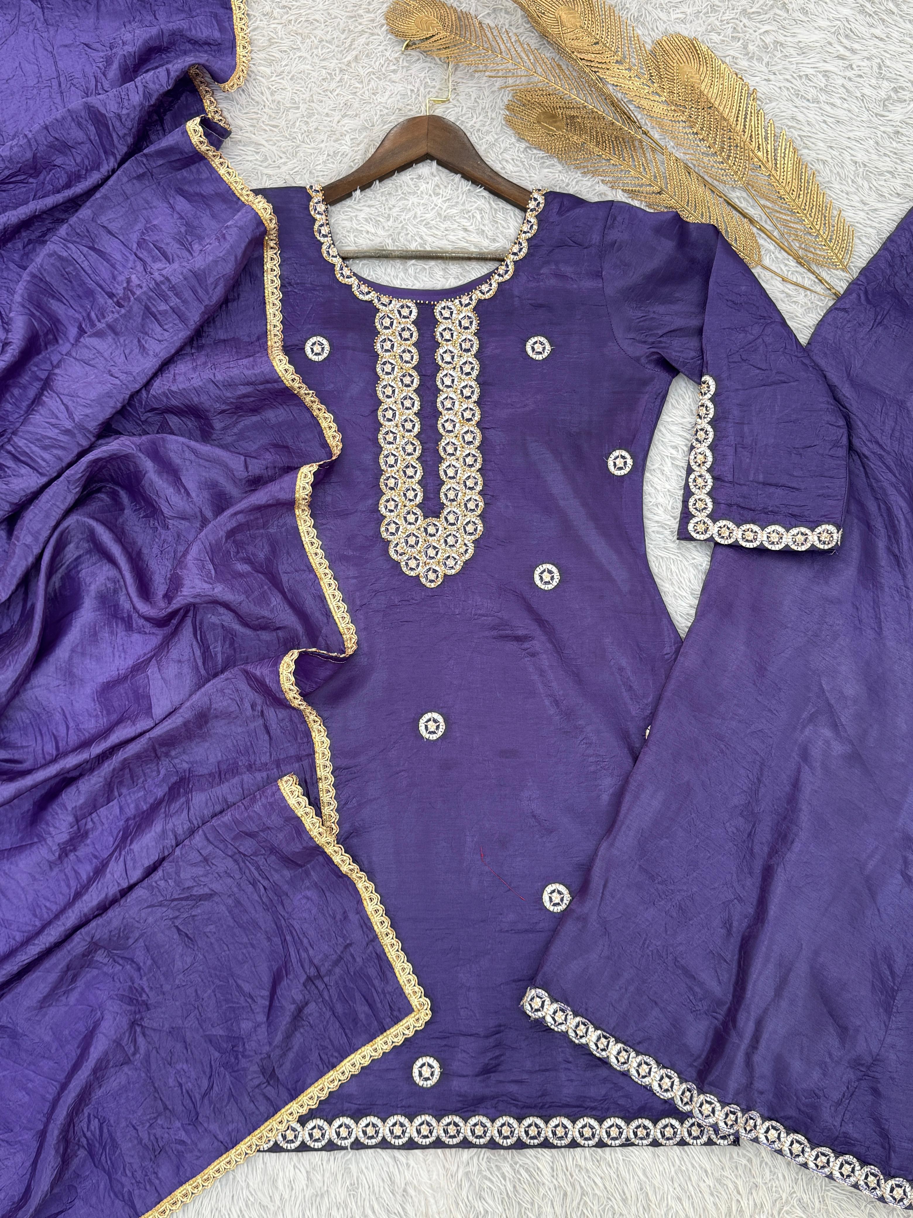 Marvelous Purple Crush Silk Embroidery Work Palazzo Suit