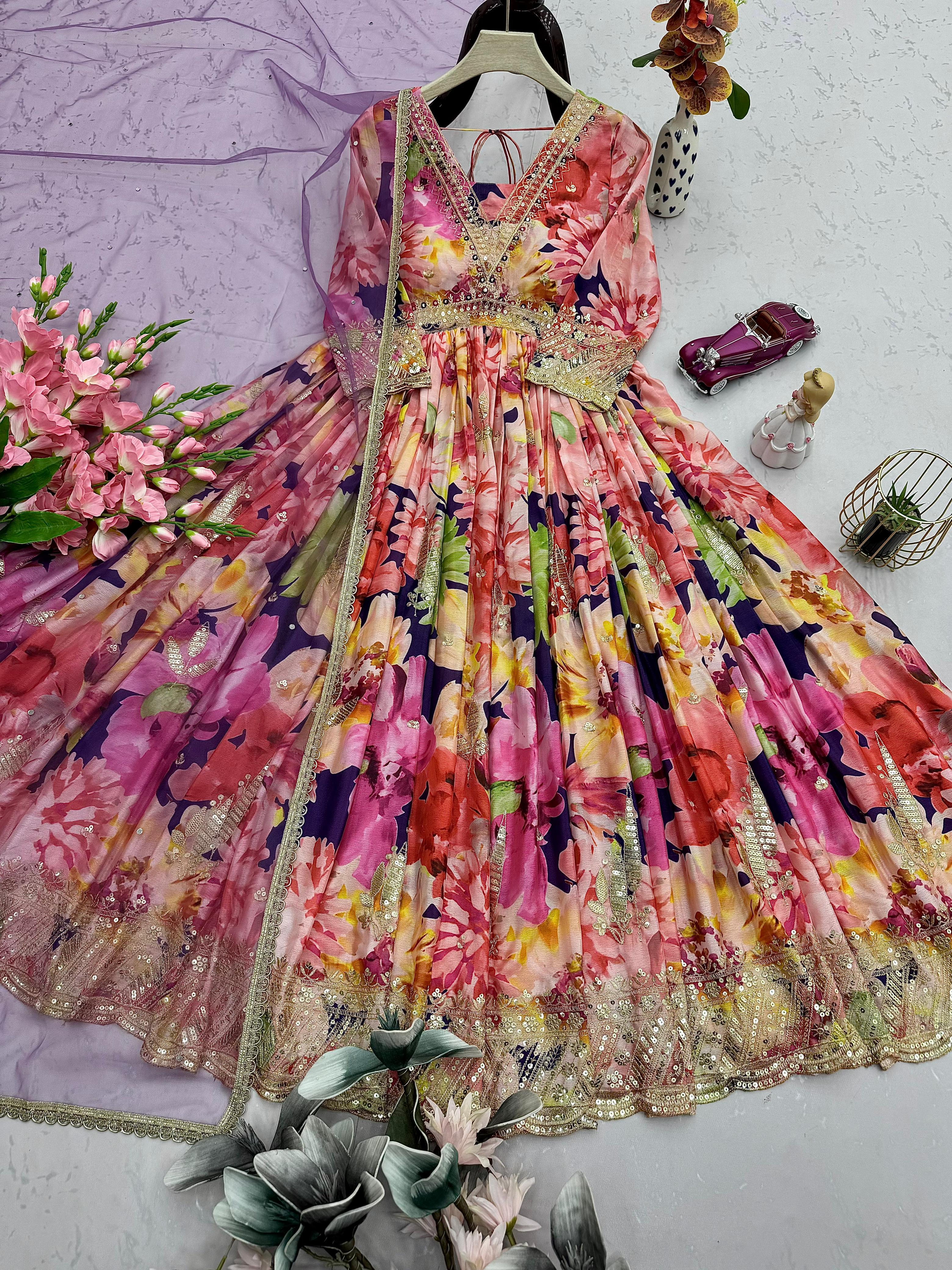 Alluring Multicolor Chinon Silk Embroidery Work Gown