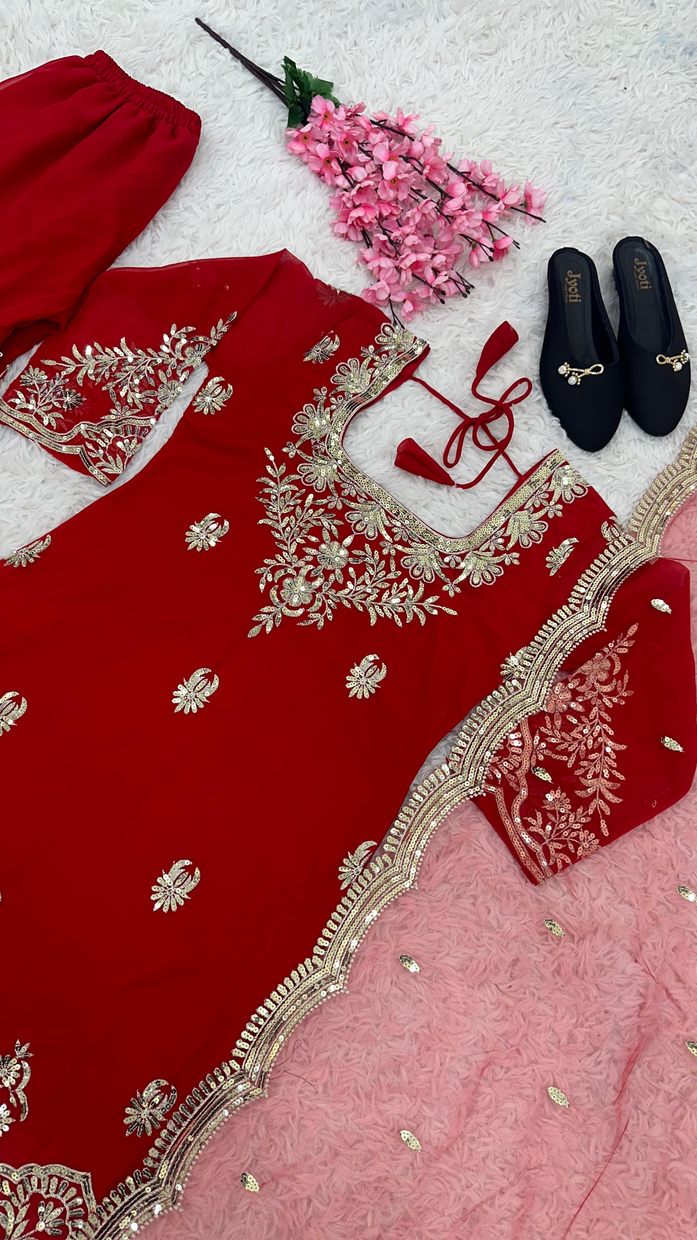 Attractive Red Georgette Sequence Work Sharara Suit