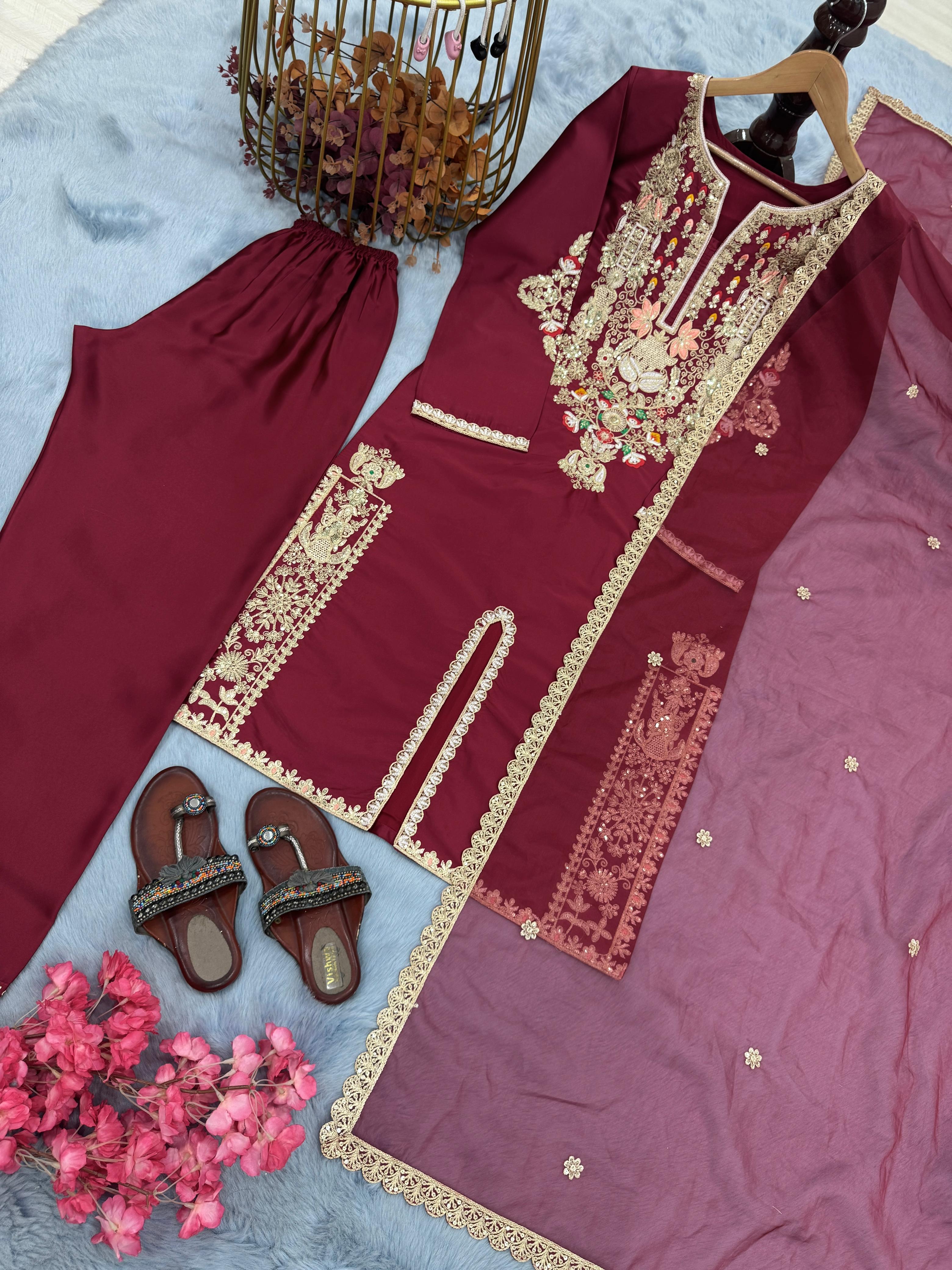 Pretty Maroon Satin Silk Work Palazzo Suit