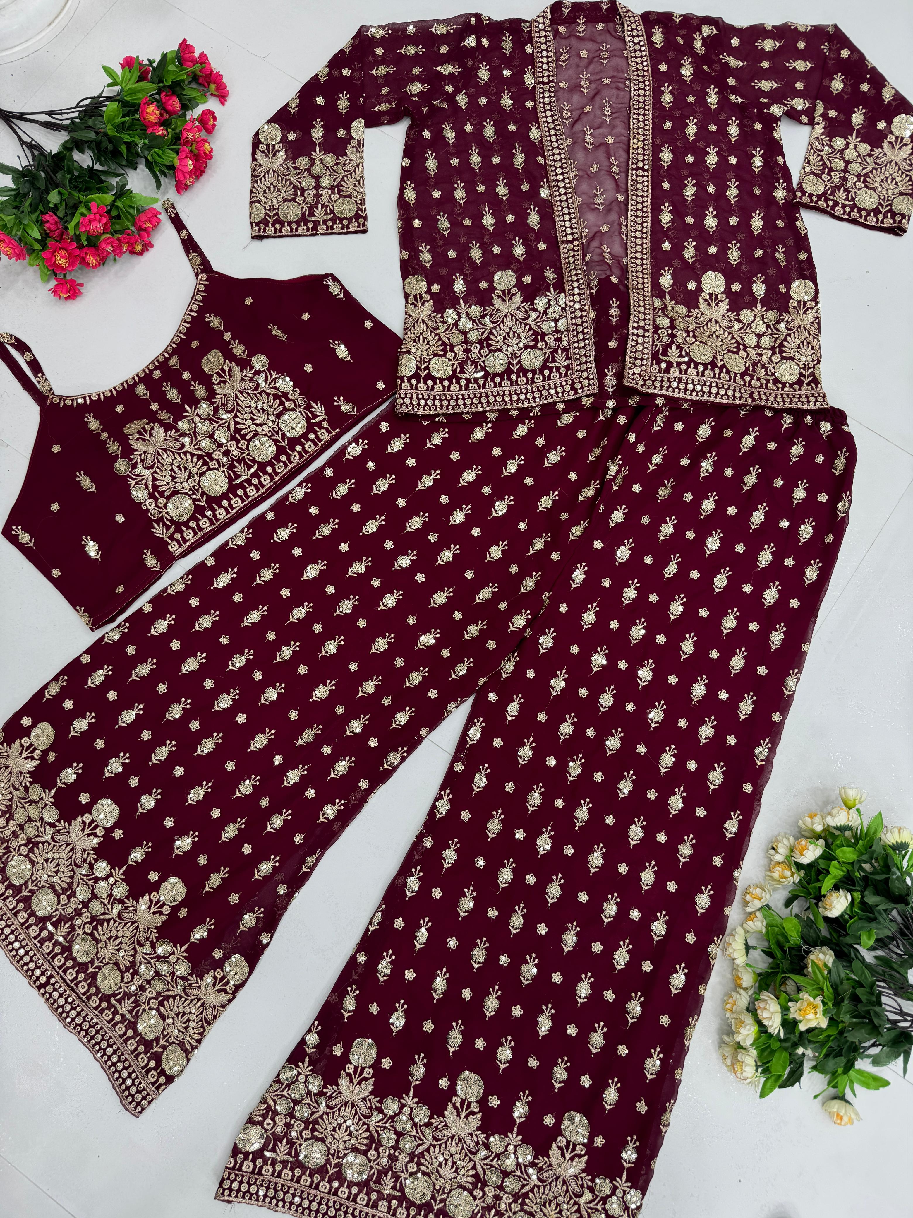 Elegant Fox Georgette Embroidery Work Maroon color KOTI BLOUSE SUIT SET