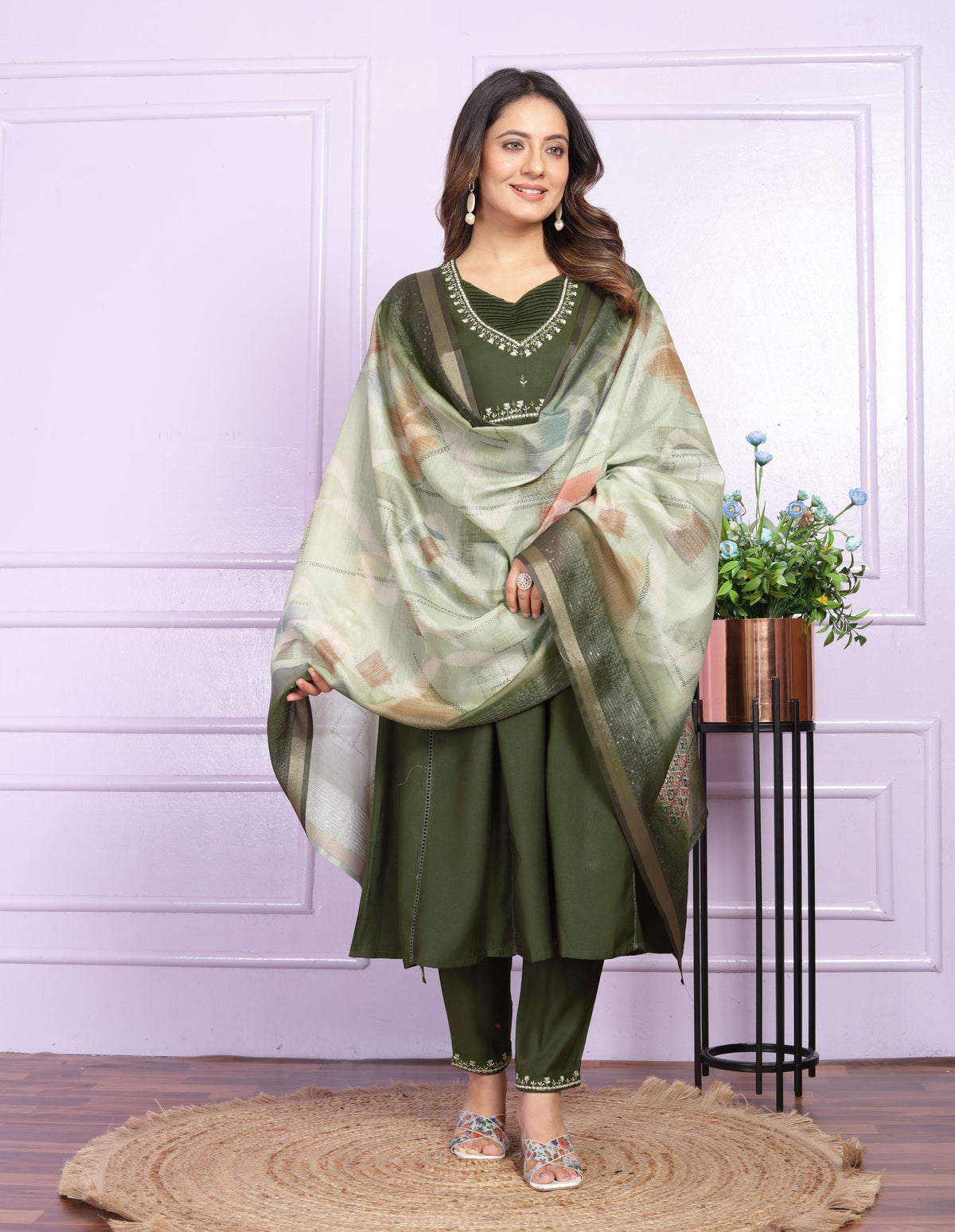 Fantastic Round Neck Silk Navy Blue Anarkali Suit