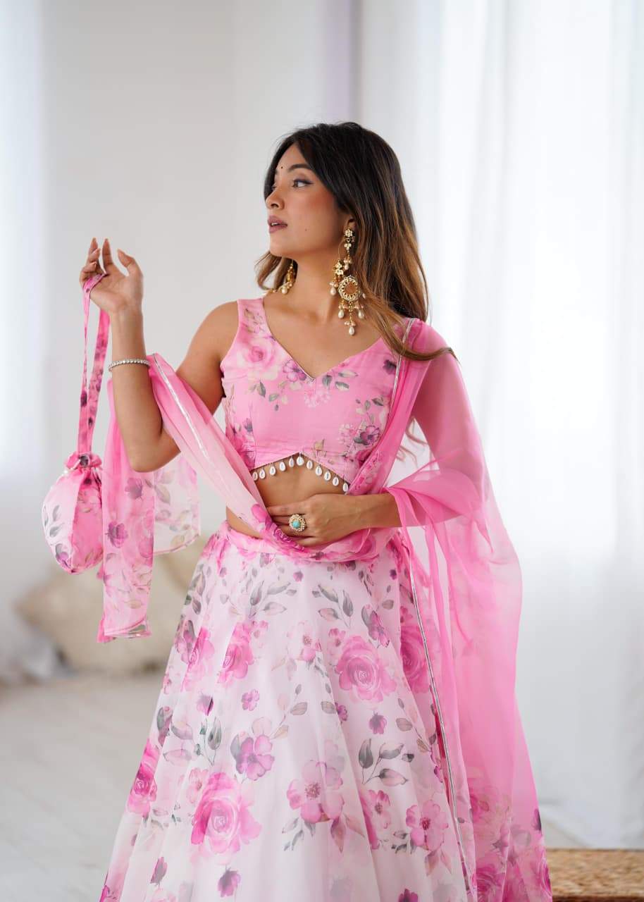 Fancy Pink Color Organza Digital Printed Lehenga Choli