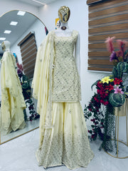 Ravishing Yellow Natural Crap Embroidery Sequence Palazzo Suit