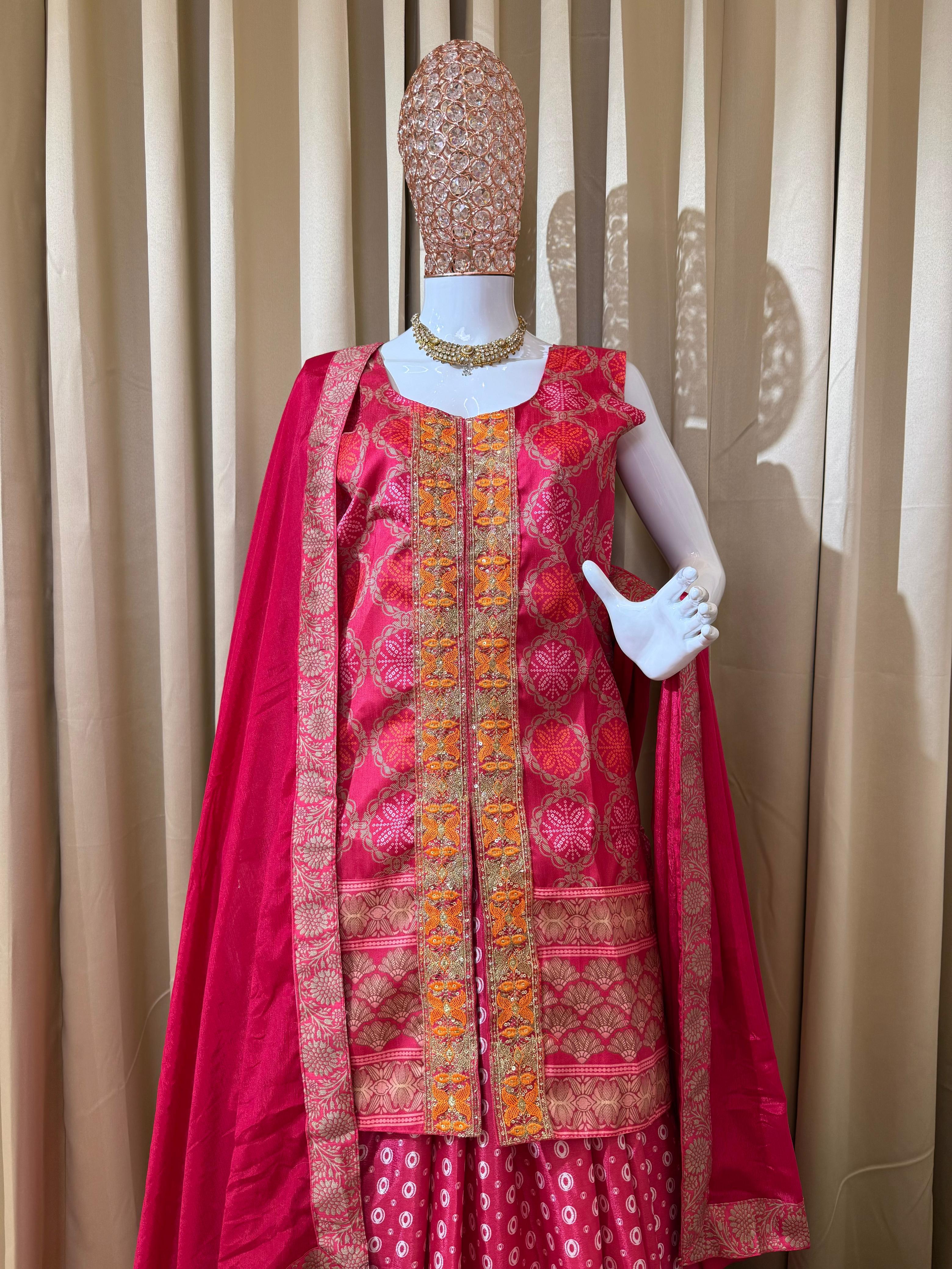 Amazing Red Color Chinon Embroidery Work Top With Lehenga