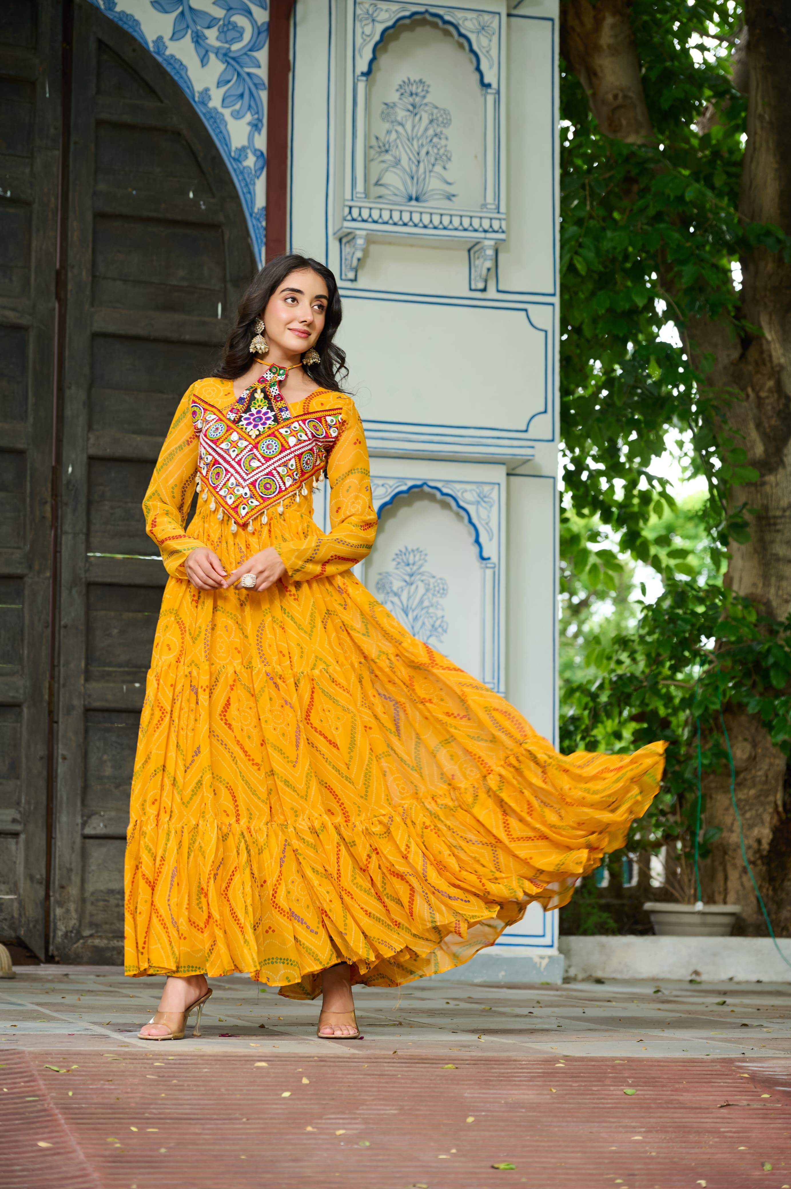 Pretty Pink Georgette Kutchi Work Gown For Navratri