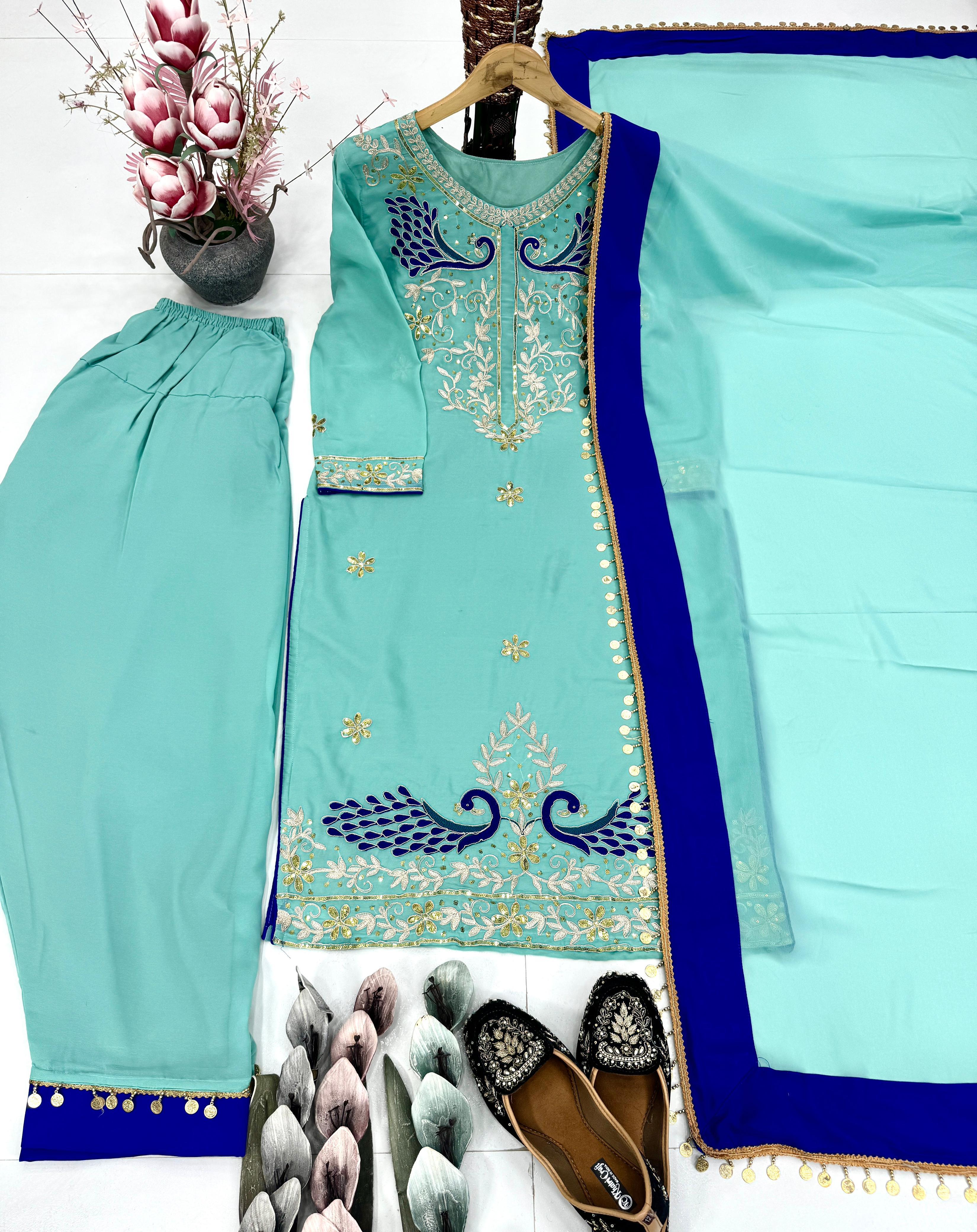 Lovely Sky Blue Color Sequence Work Punjabi Salwar Suit