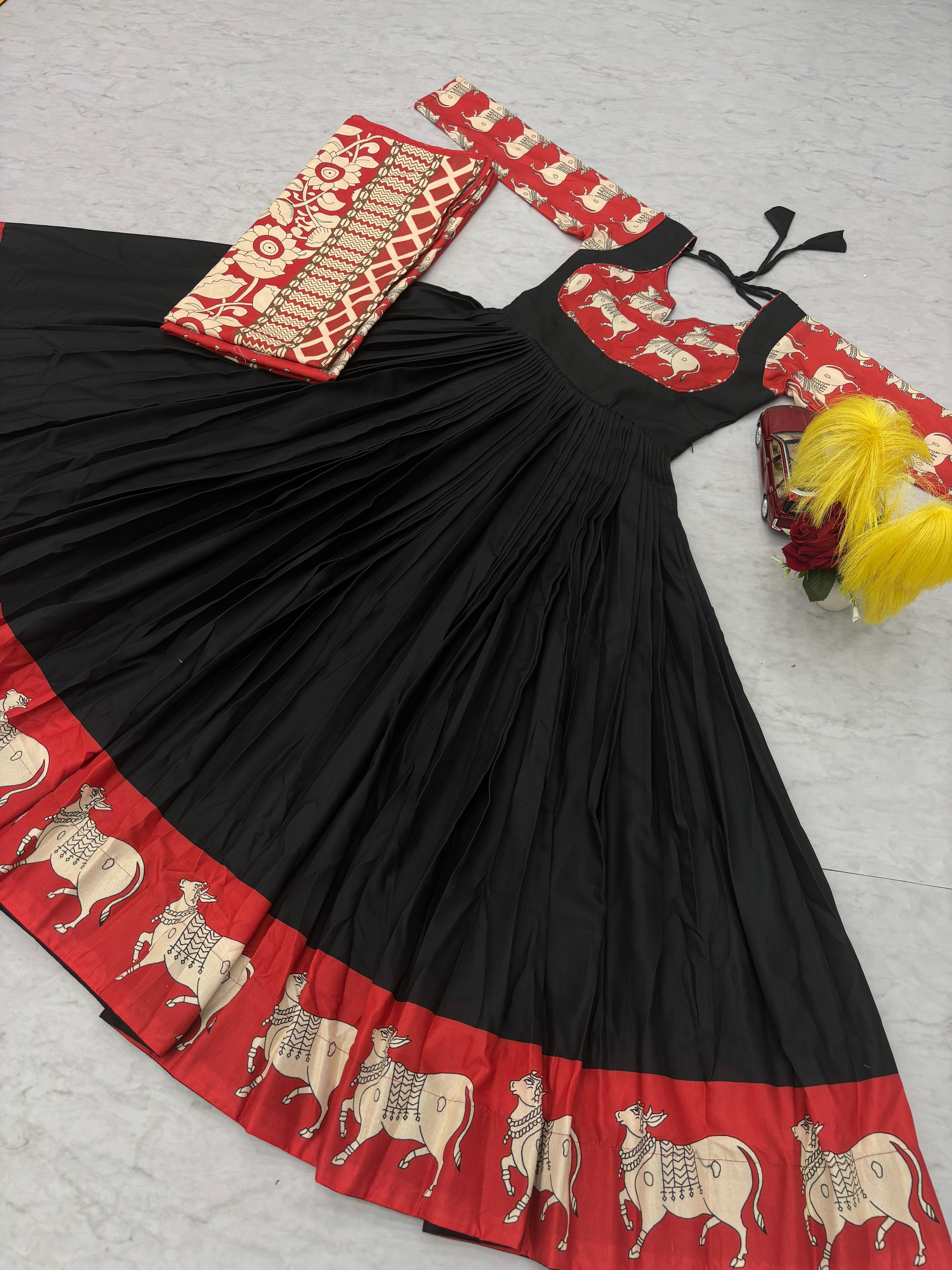 Stylish Peach Rayon Cotton Kalamkari Print Gown