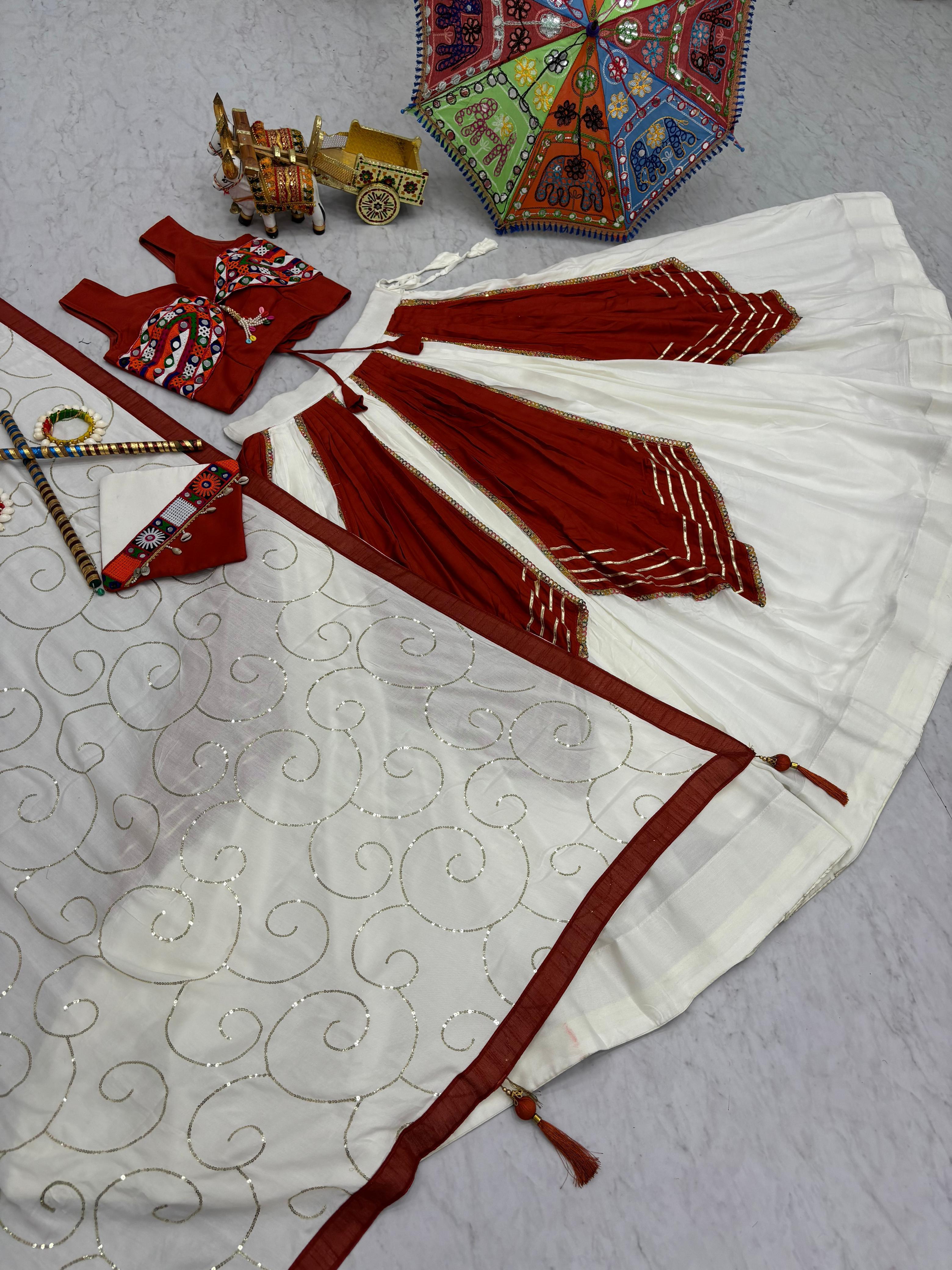 Trendy Red Cotton Gamthi Work Lehenga Choli For Navratri