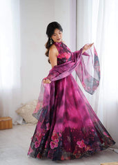 Lovely Pink Color Flower Printed Organza Lehenga Set