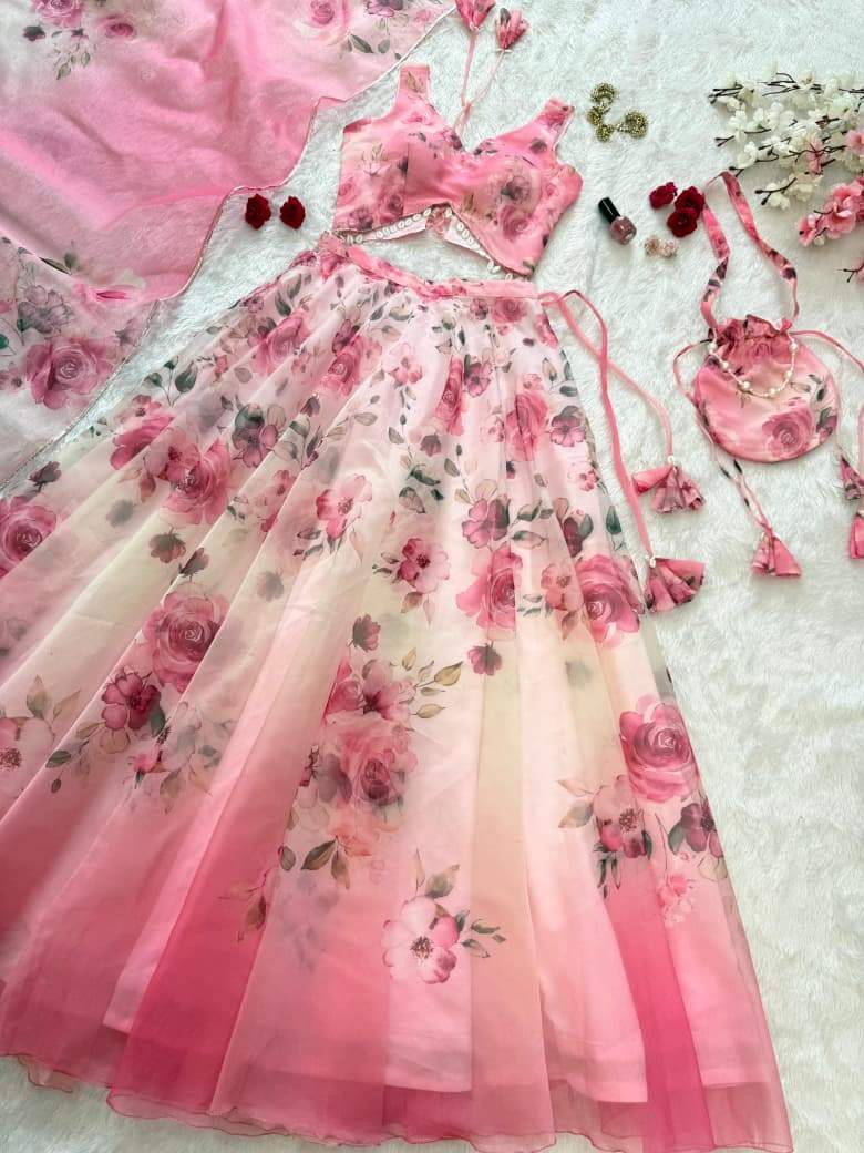Fancy Pink Color Organza Digital Printed Lehenga Choli