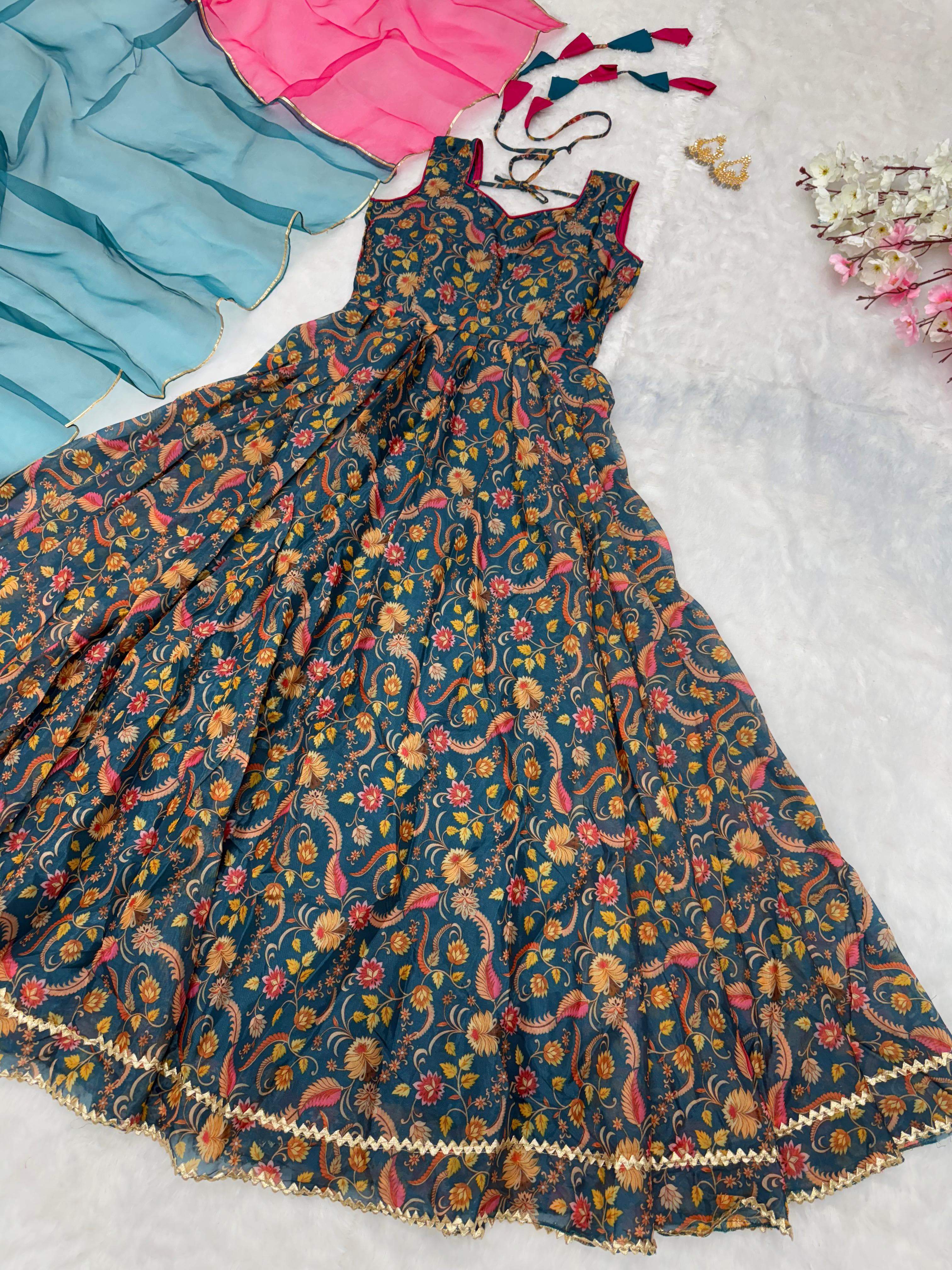Gorgeous Teal Blue Organza Digital Printed Gown