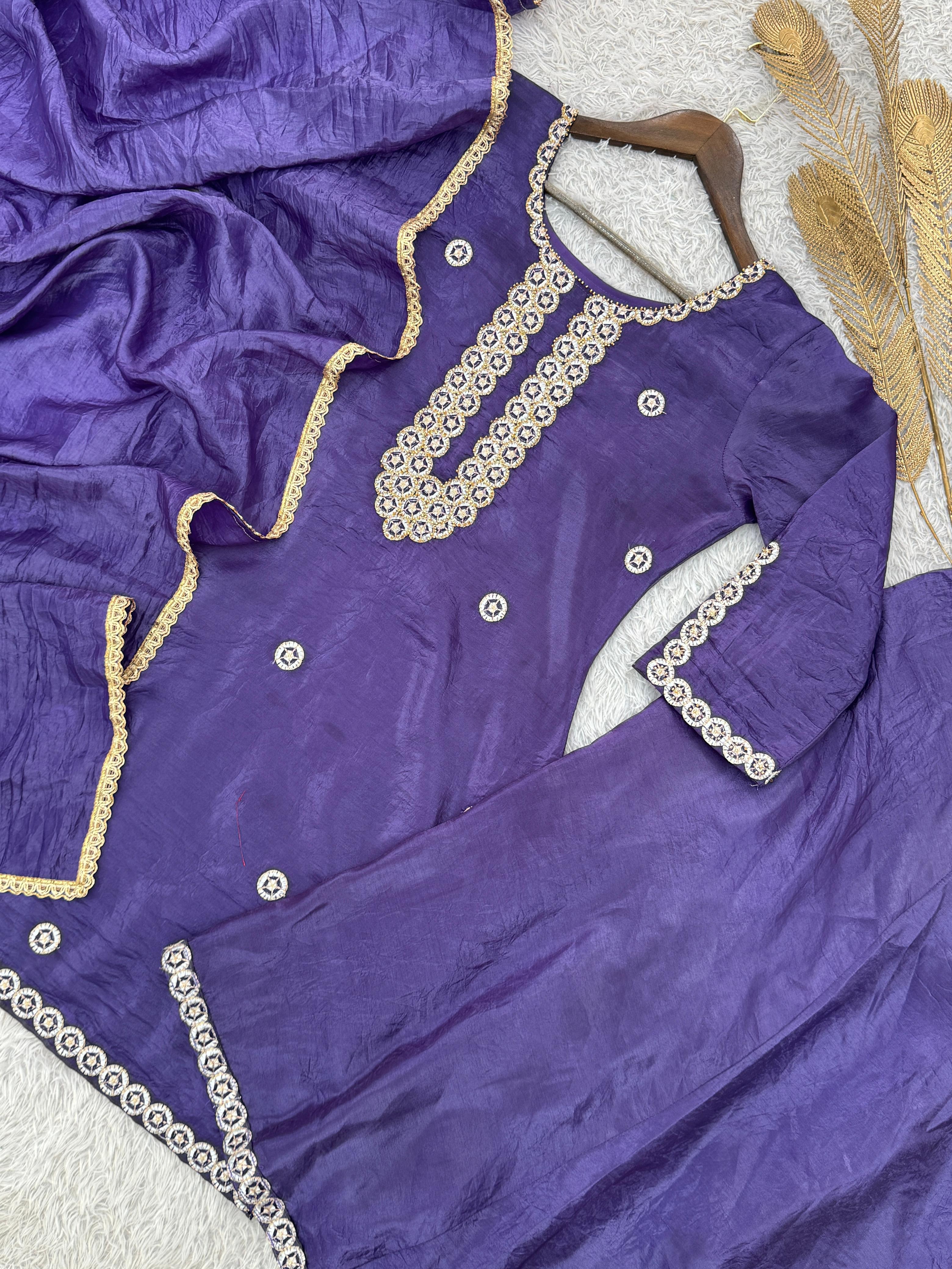 Marvelous Purple Crush Silk Embroidery Work Palazzo Suit