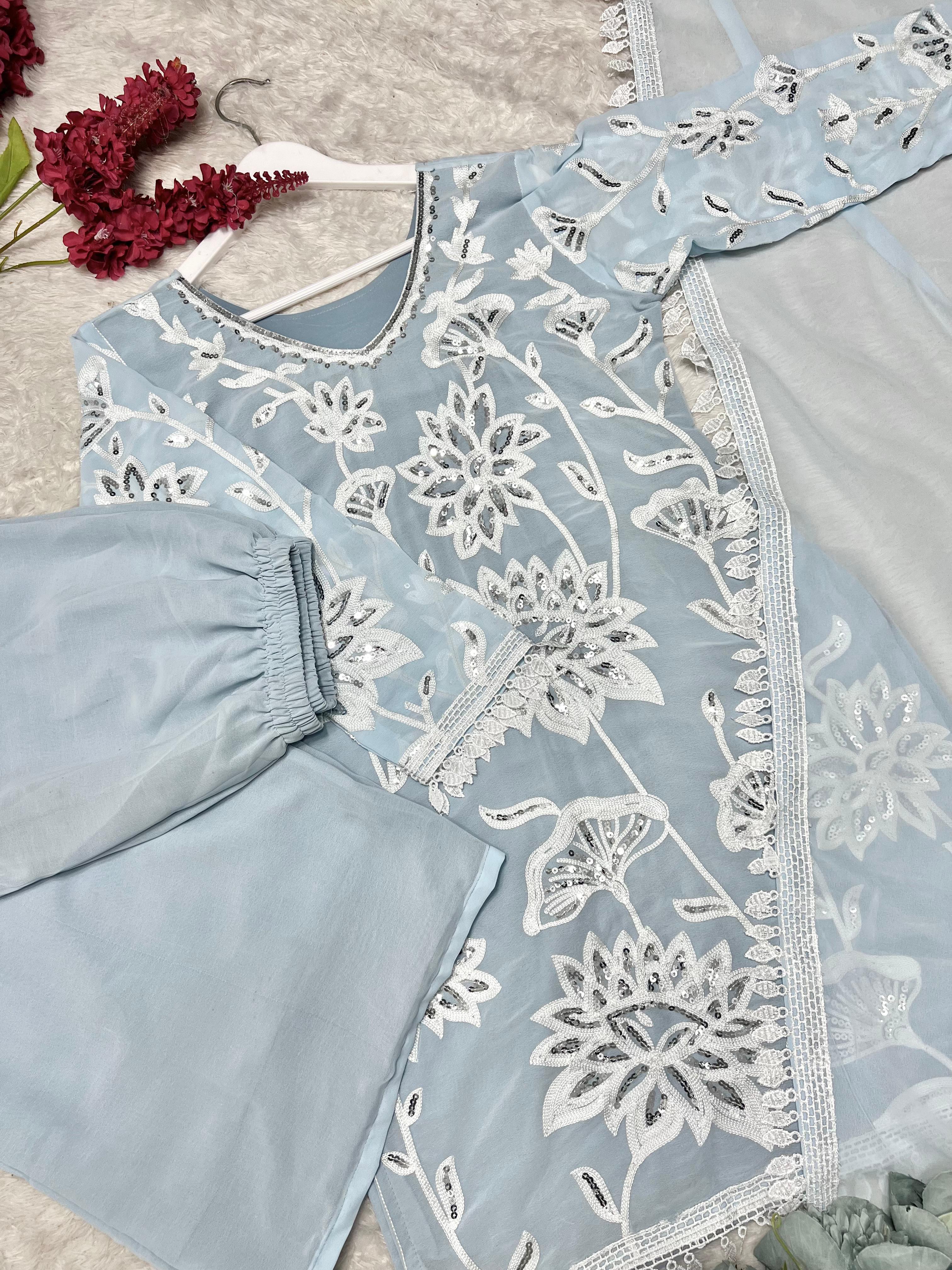 Trendy Sky Blue Georgette Embroidery Palazzo Suit