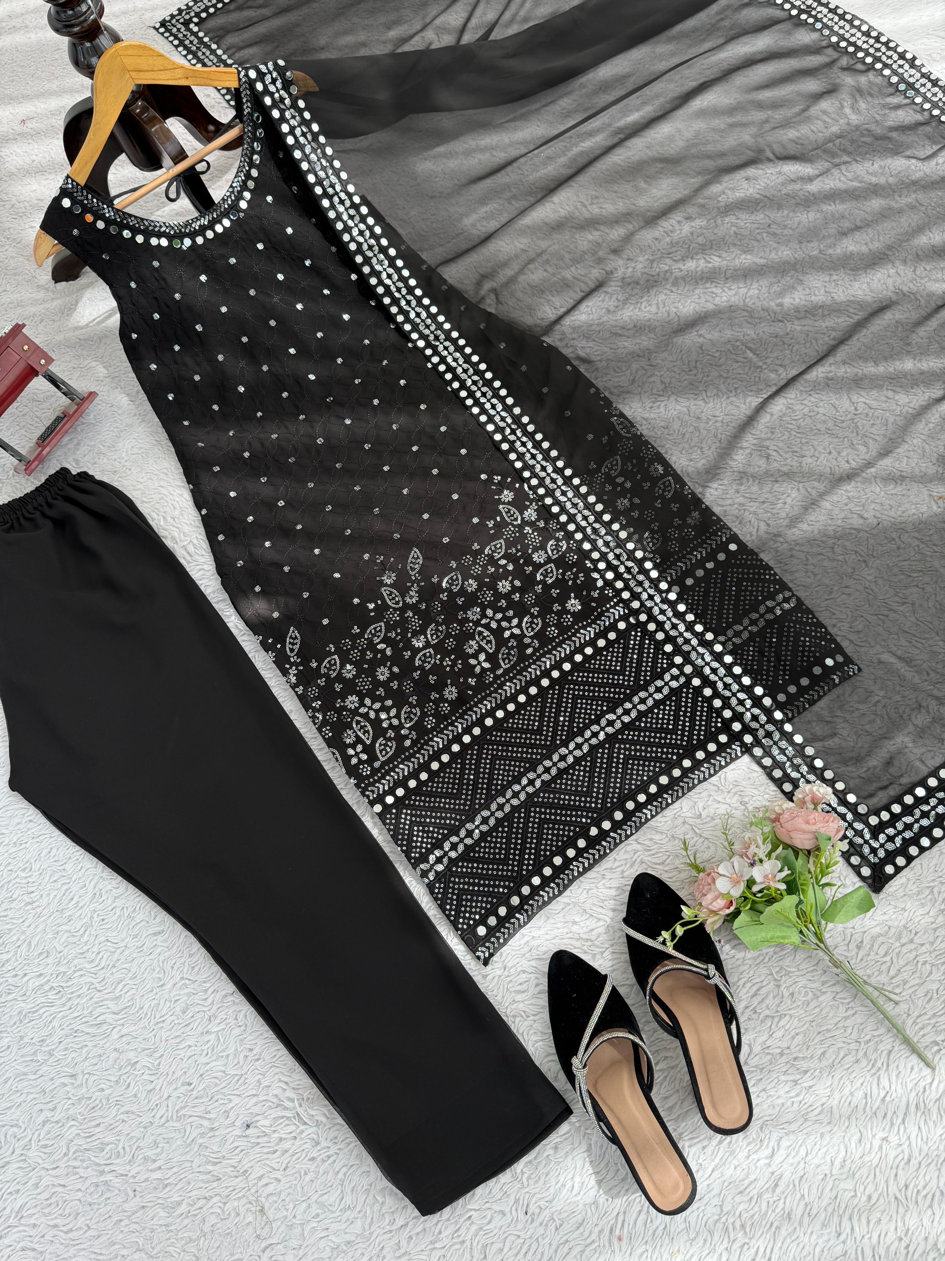 Attractive Black Georgette Thread Work Anarkali Suit