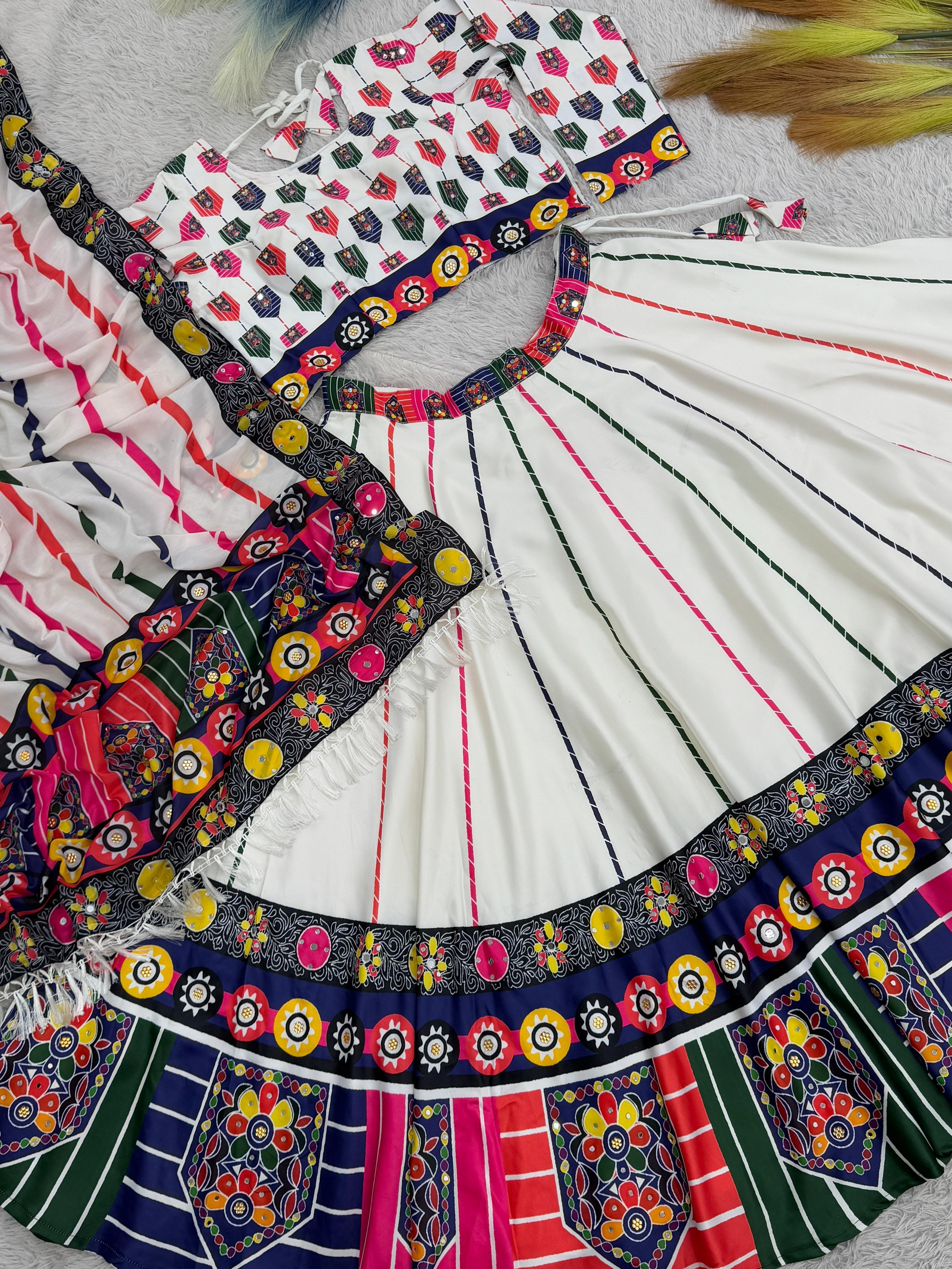 Lovely White Satin Digital Print Lehenga Choli