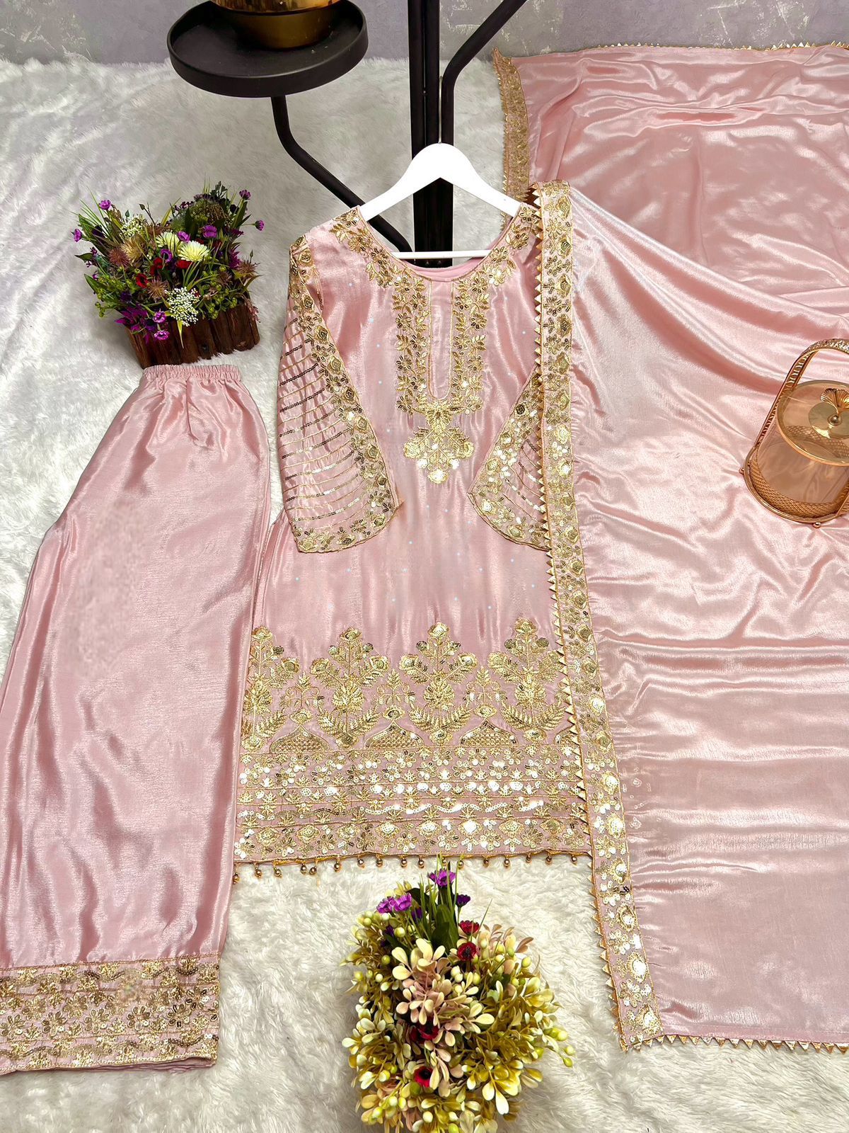 Fancy Pink Chinon Silk Sequence Work Palazzo Suit