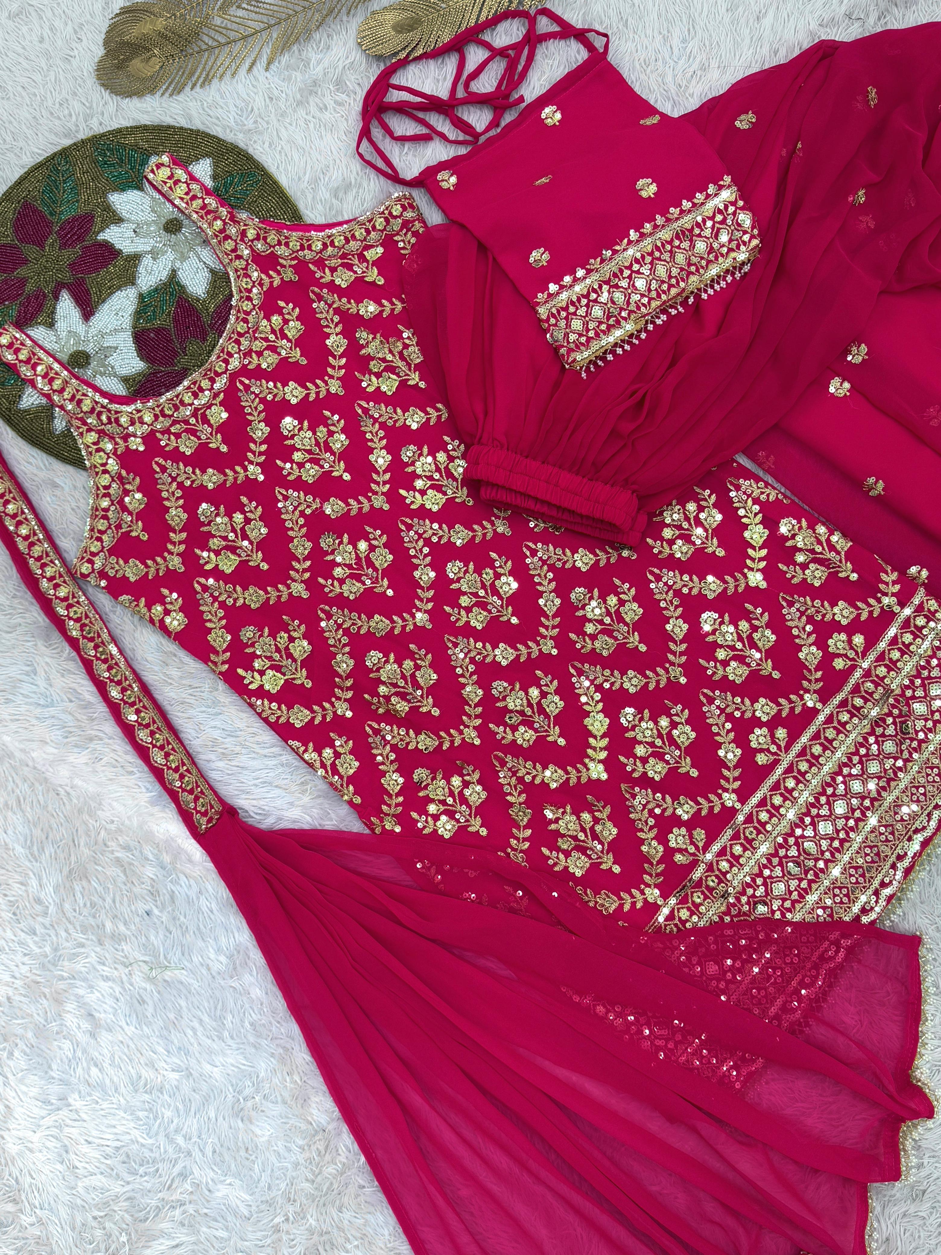 Lovely Pink Color Sequence Work Georgette Sharara Suit