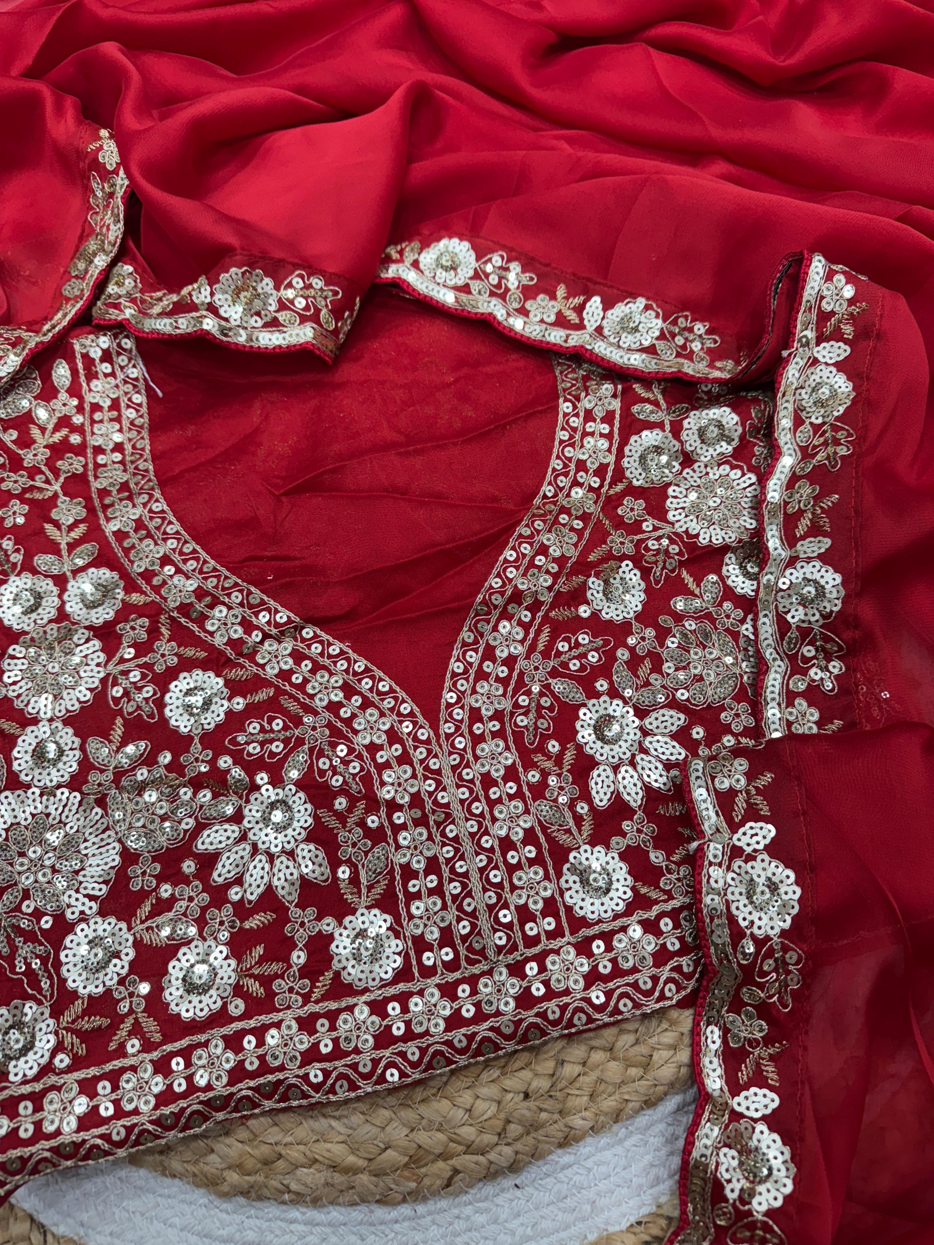 Beautiful Red Color Sequence Work Silk Saree