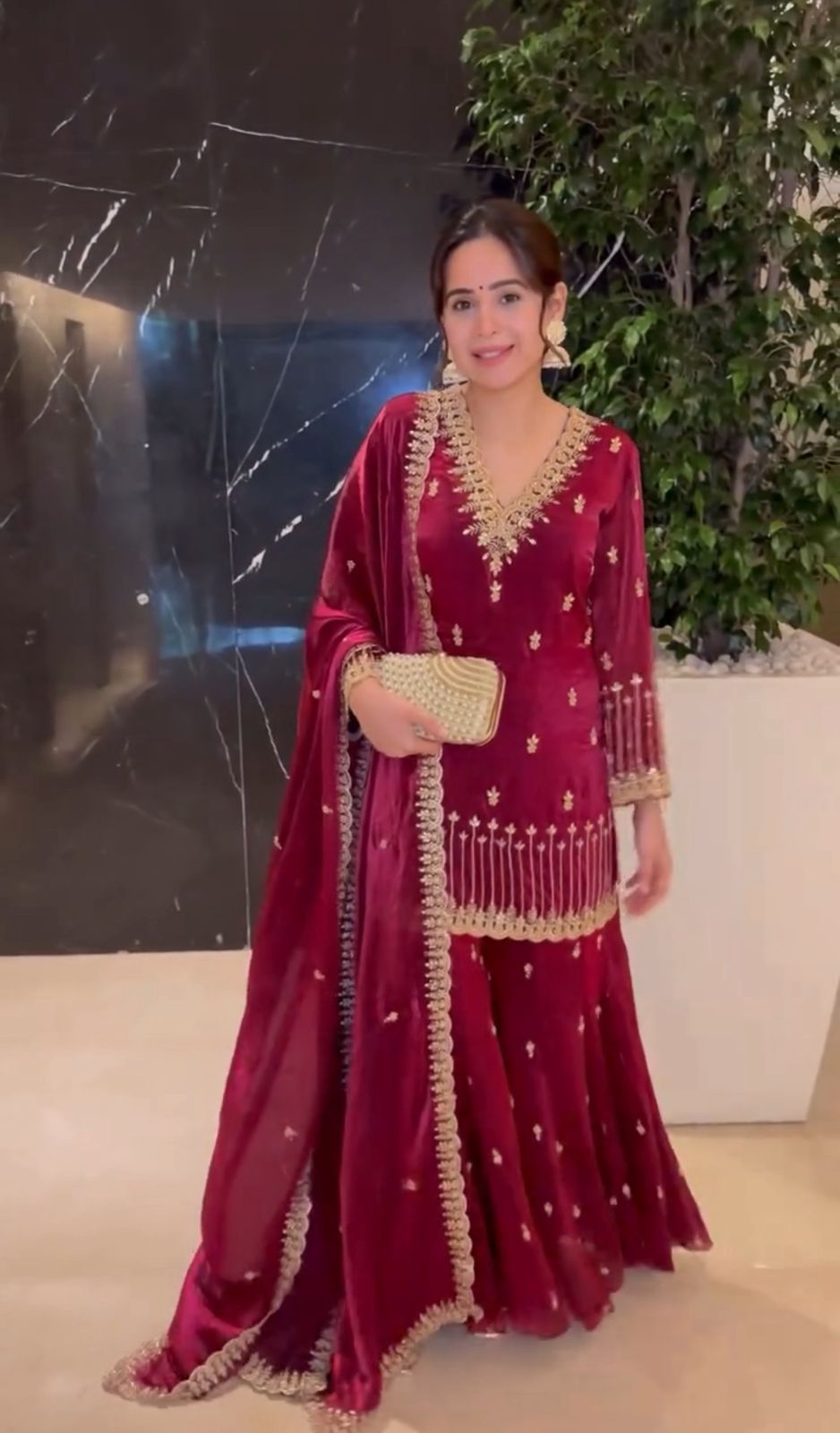Stylish Pink Color Embroidery Work Sharara Suit