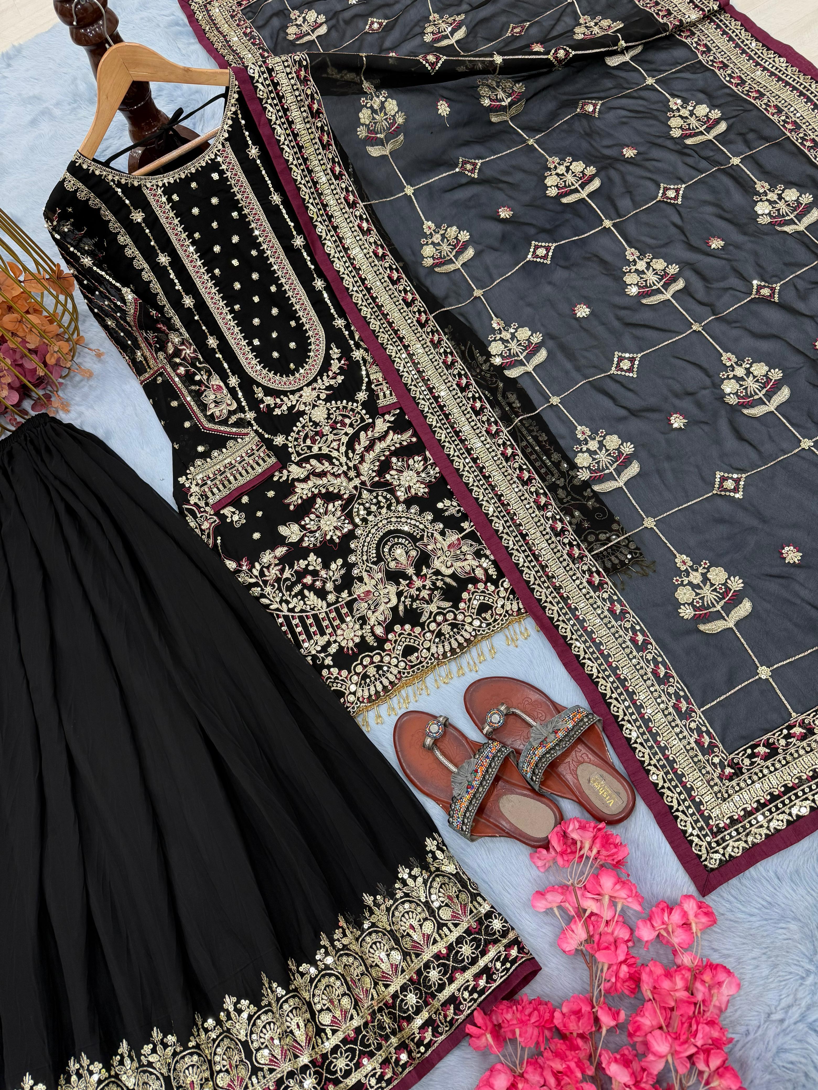 Beautiful Black Color Work Georgette Sharara Suit
