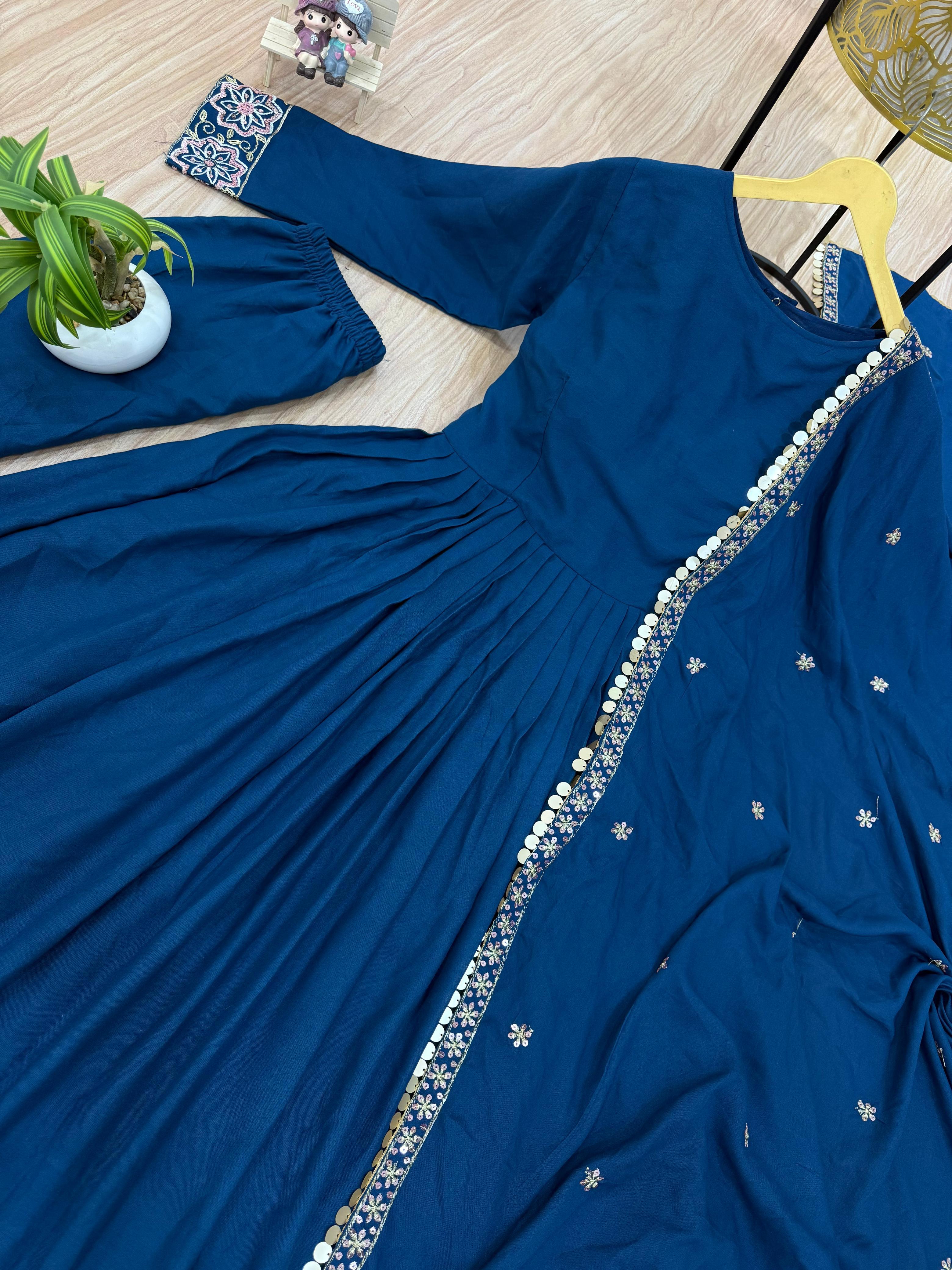 Navy Blue Color Rayon Embroidery Work Gown